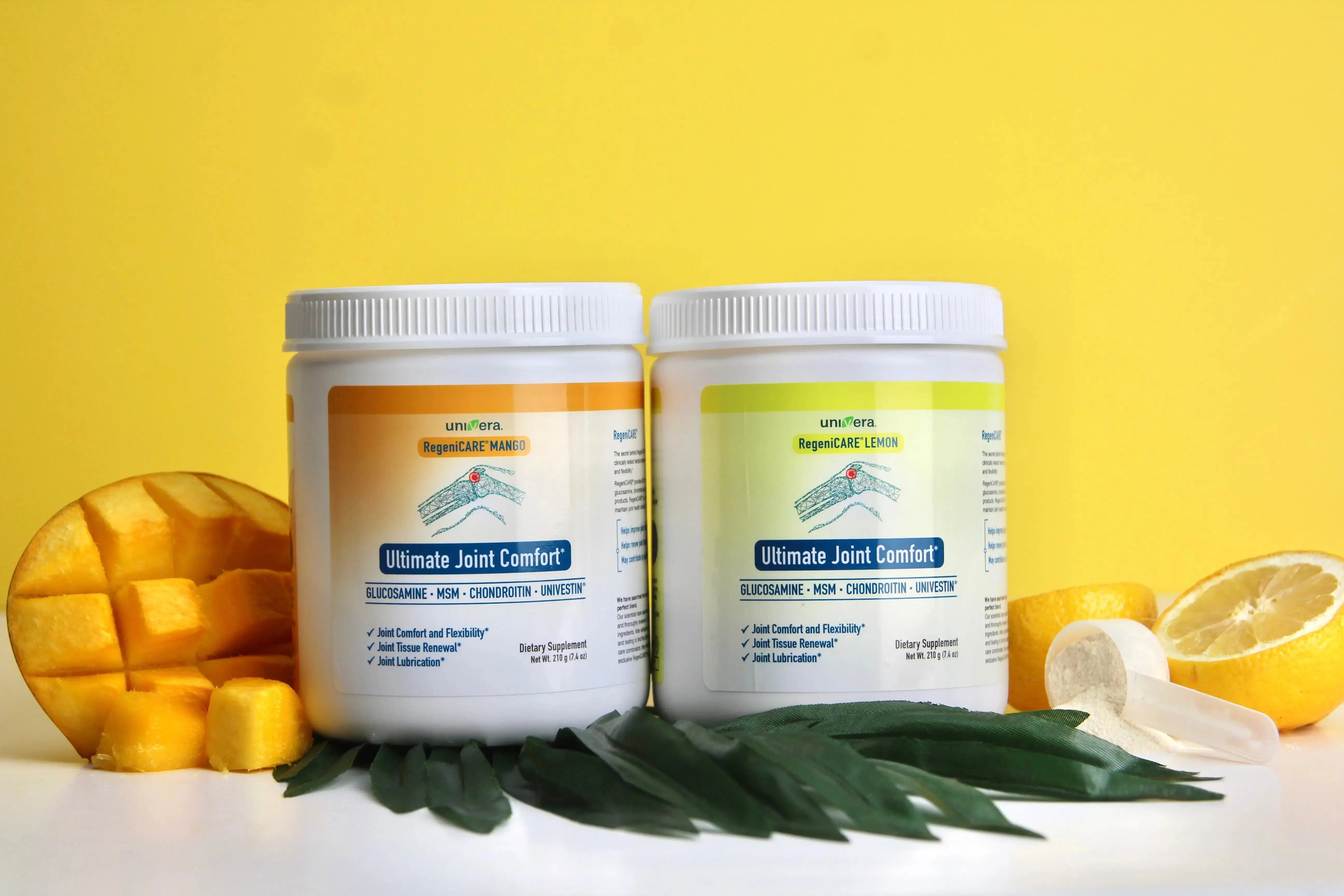 RegeniCARE® Lemon and Mango joint support supplements on a bright yellow background.
