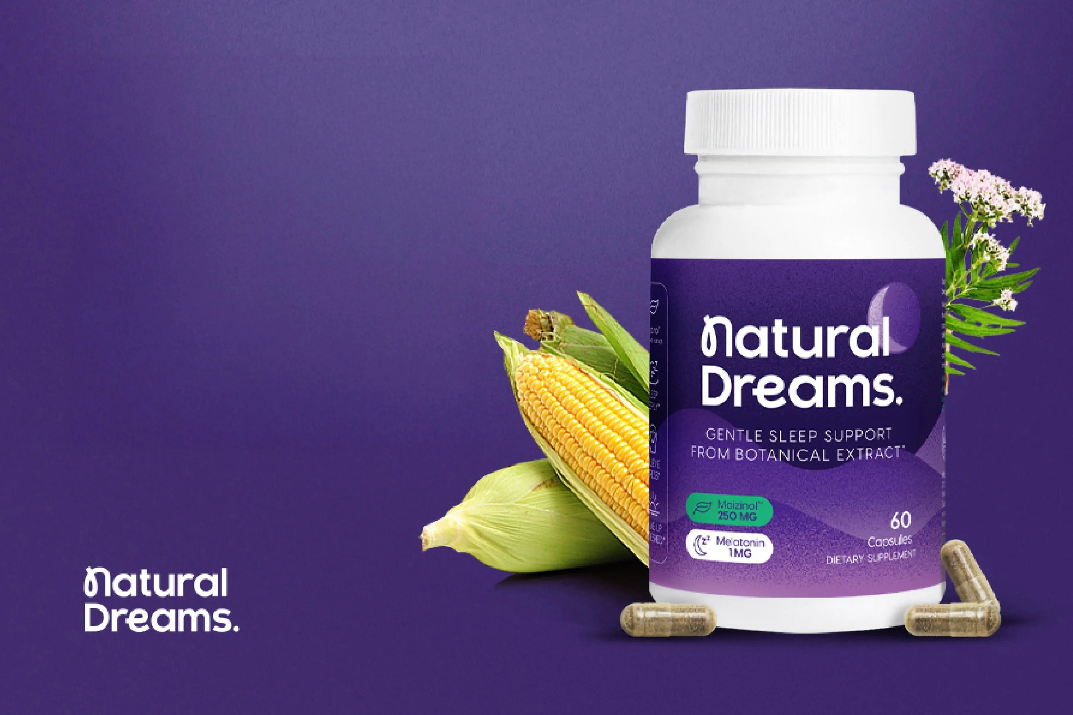 Natural Dreams® supplement packaging on a purple background.