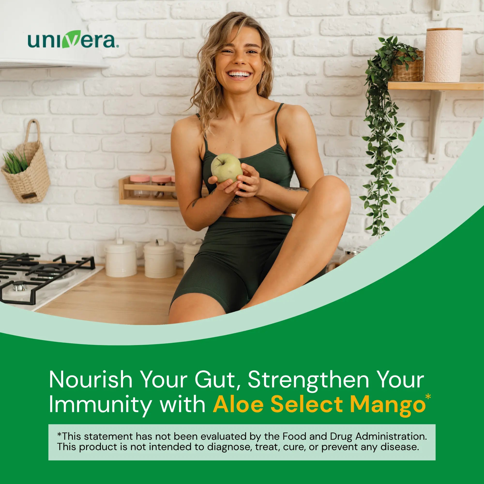 Woman holding a green apple in a kitchen setting with 'univera' branding and promotional text.