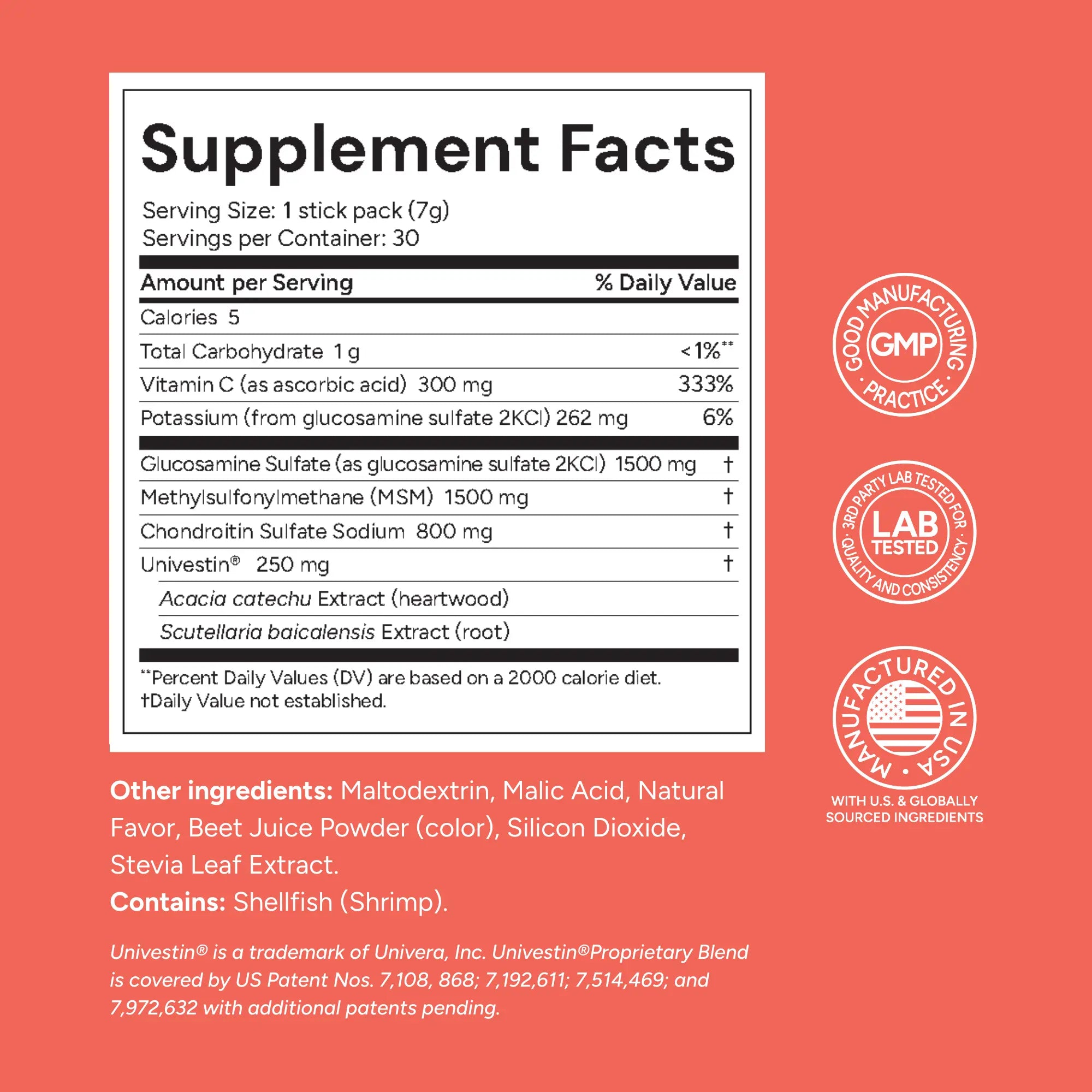 Supplement facts label on a red background with certification logos.