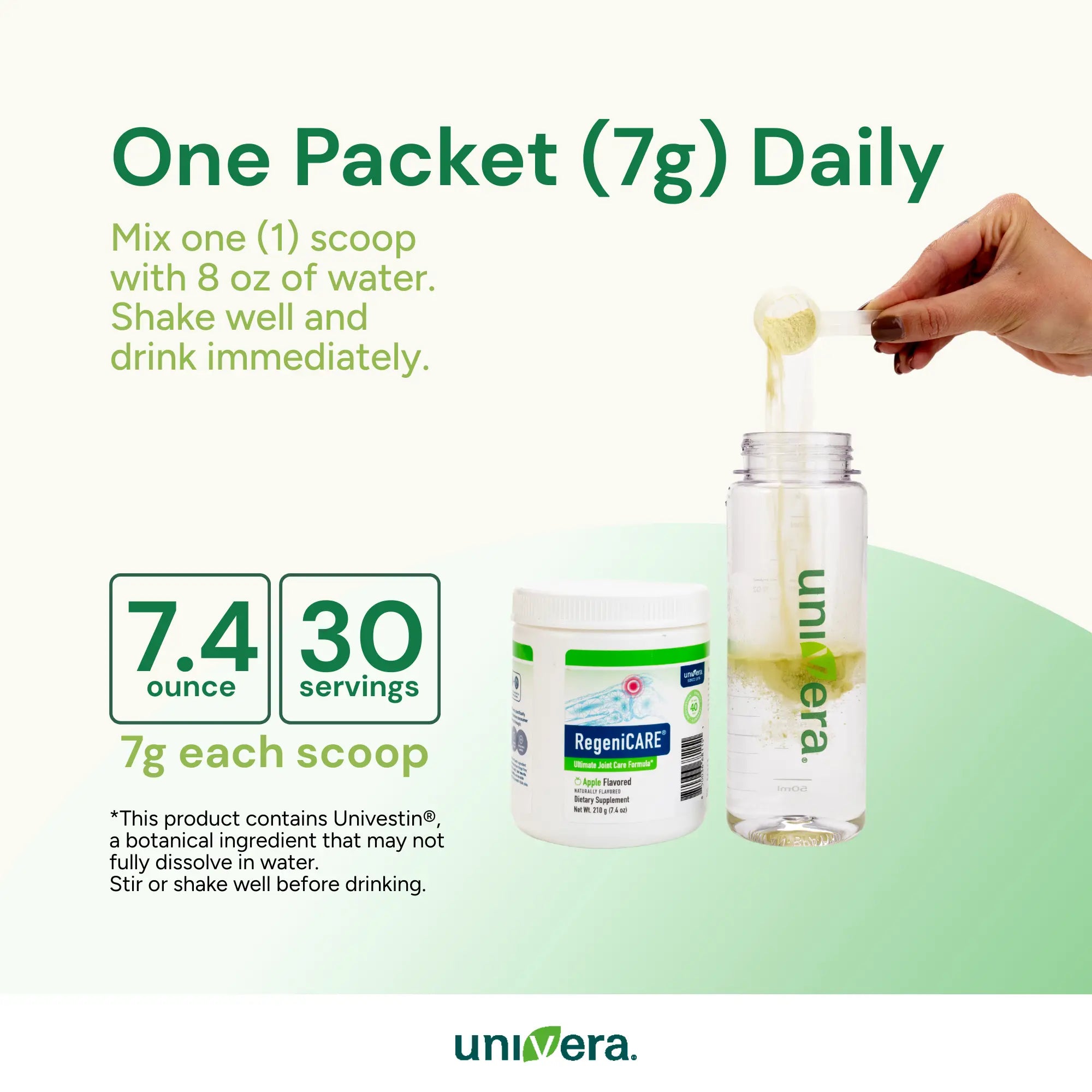 Univera supplement packaging with a bottle and container, showing usage instructions.