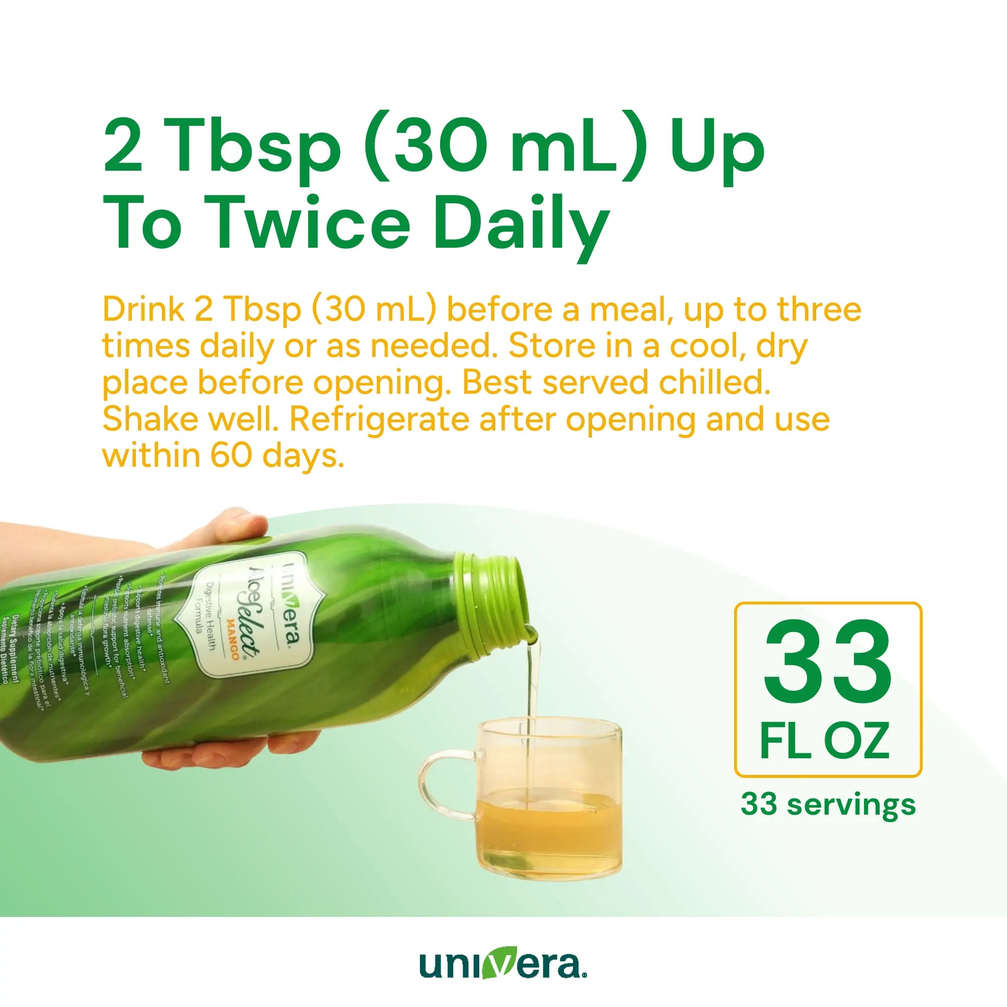 Green bottle being poured into a glass with text about usage and storage on a white background