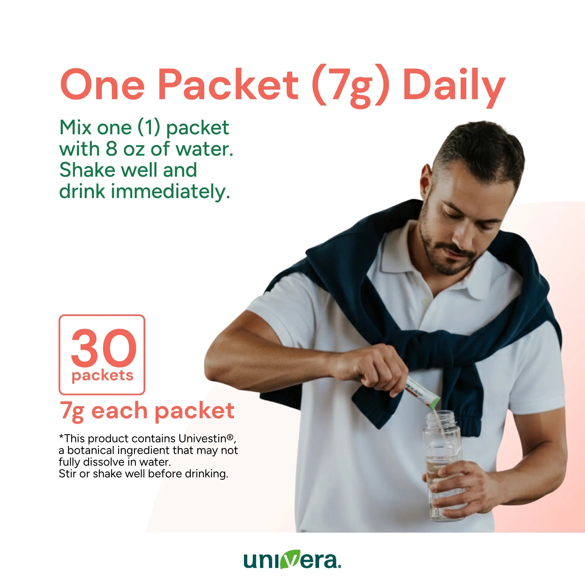 Man mixing a RegeniCARE packet with water, with text about daily intake and product details.