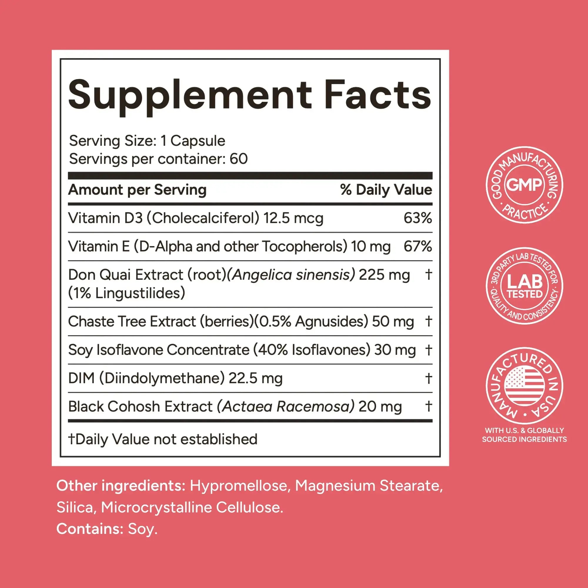 Supplement facts label for femme vitale on a red background