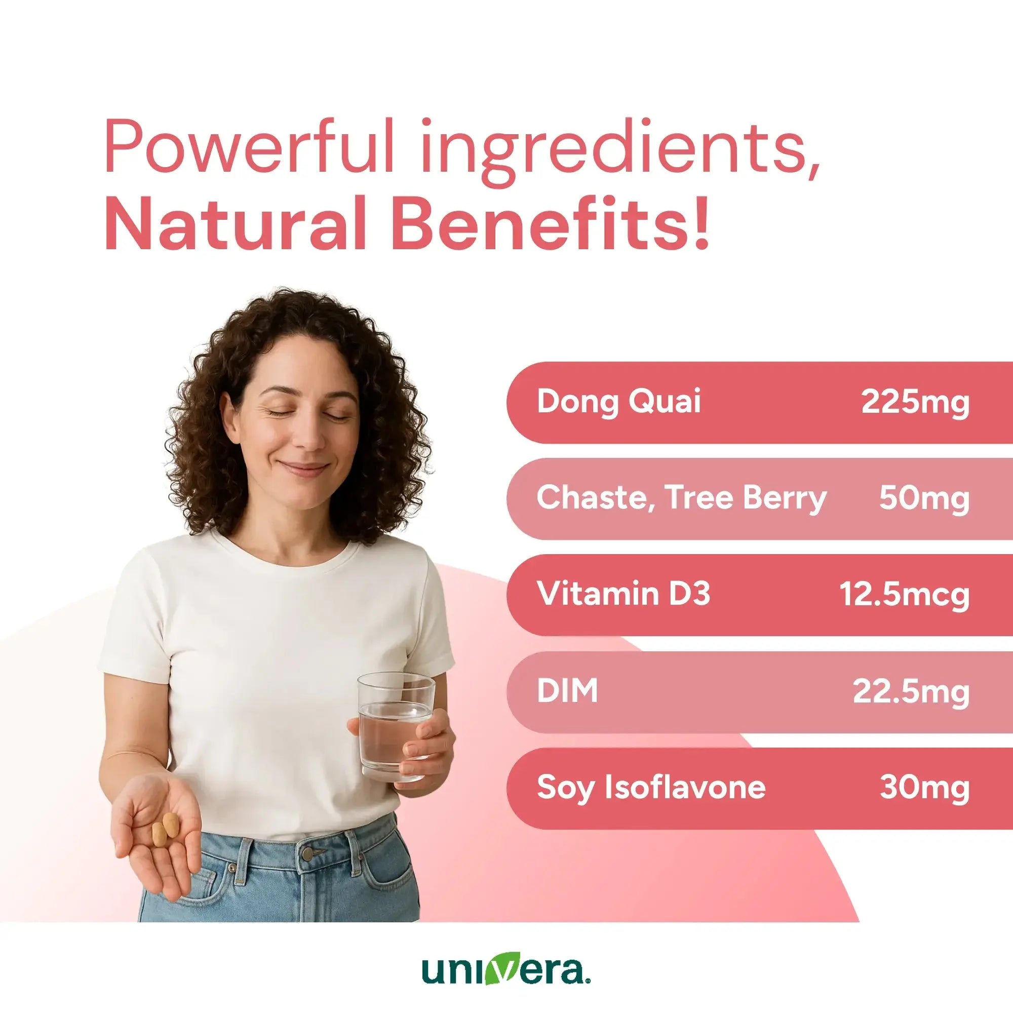 Woman holding a pill and a glass of water with health benefits listed on a white background