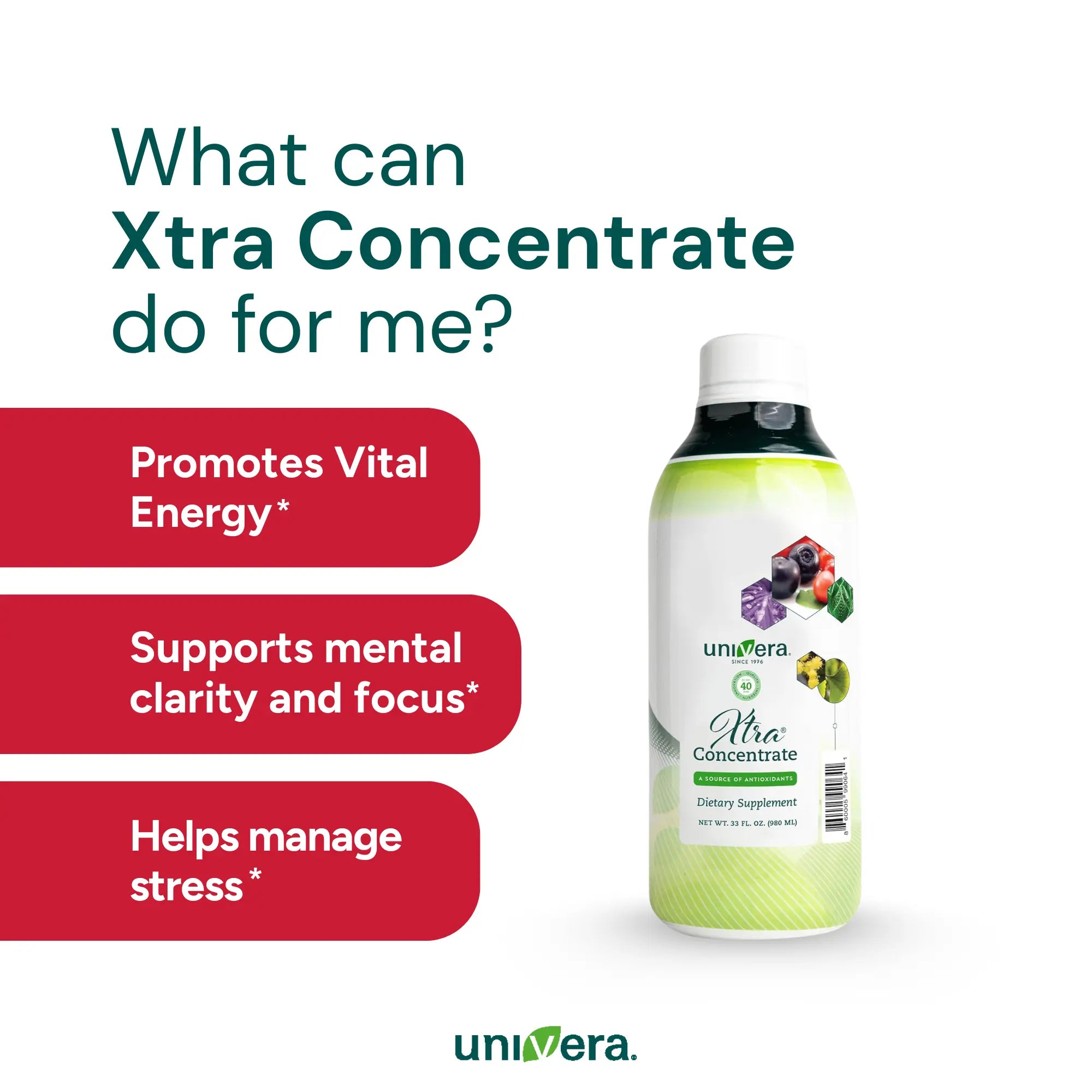 Univera Xtra Concentrate supplement bottle with benefits listed on a white background
