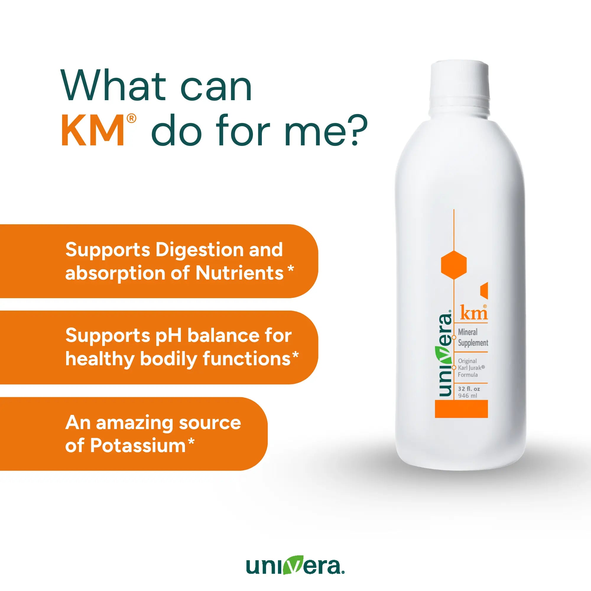 Univera KM supplement bottle with benefits listed on a white background