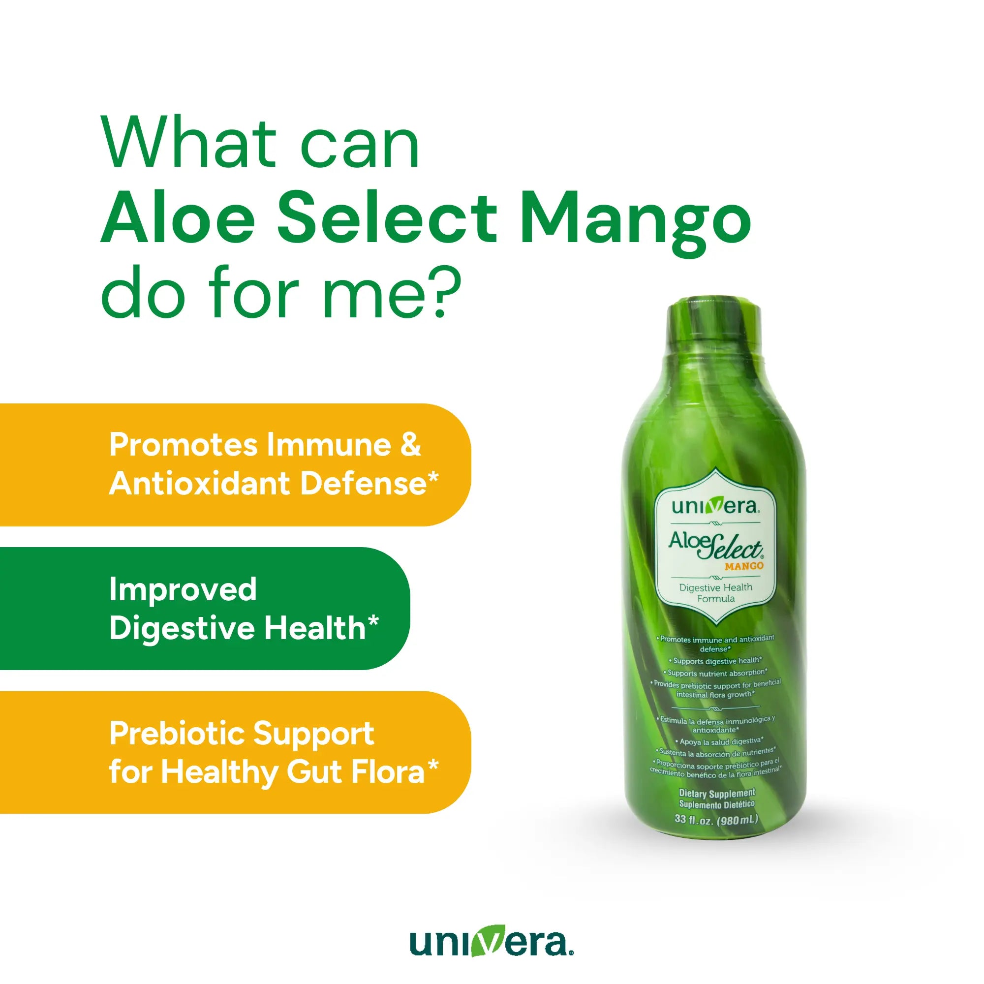 Green aloe vera bottle with Universa branding on a white background, featuring text about health benefits.