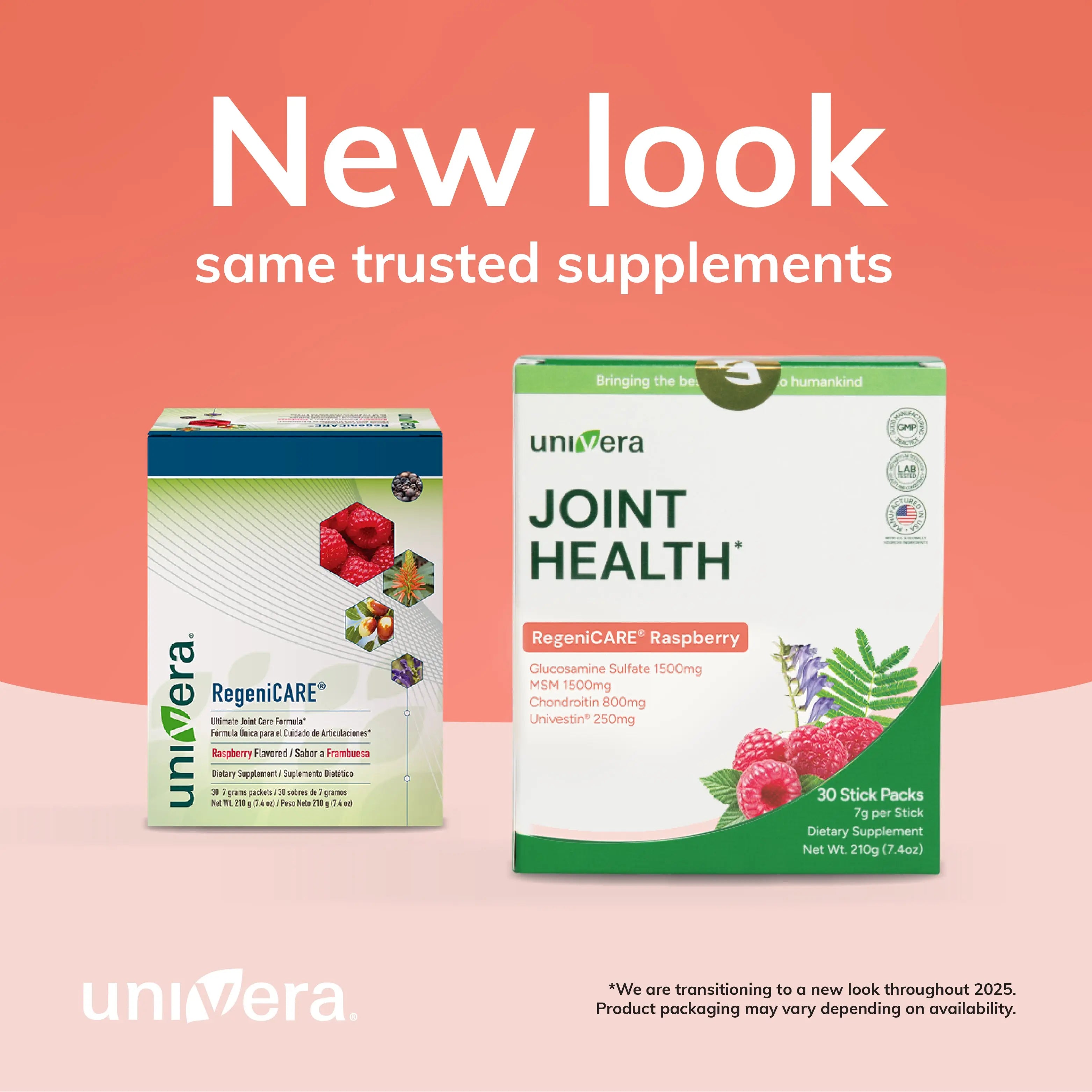 Two boxes of Univera supplements on a pink background with text about a new look.
