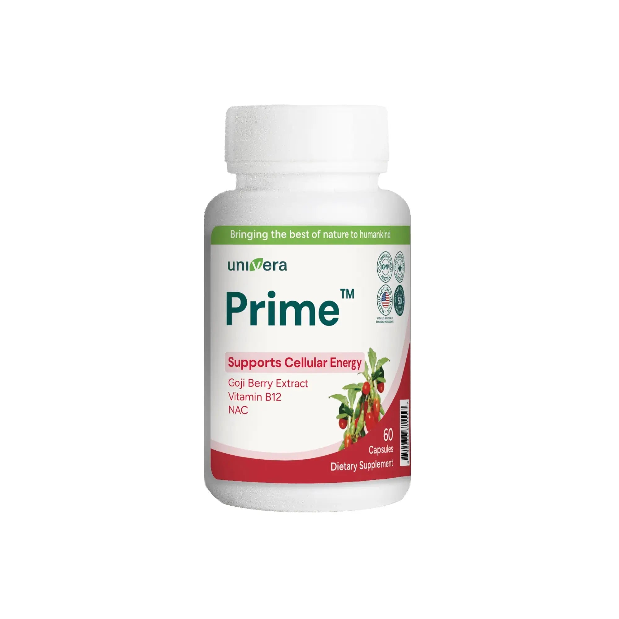 Supplement bottle labeled 'Prime' by Univera on a white background