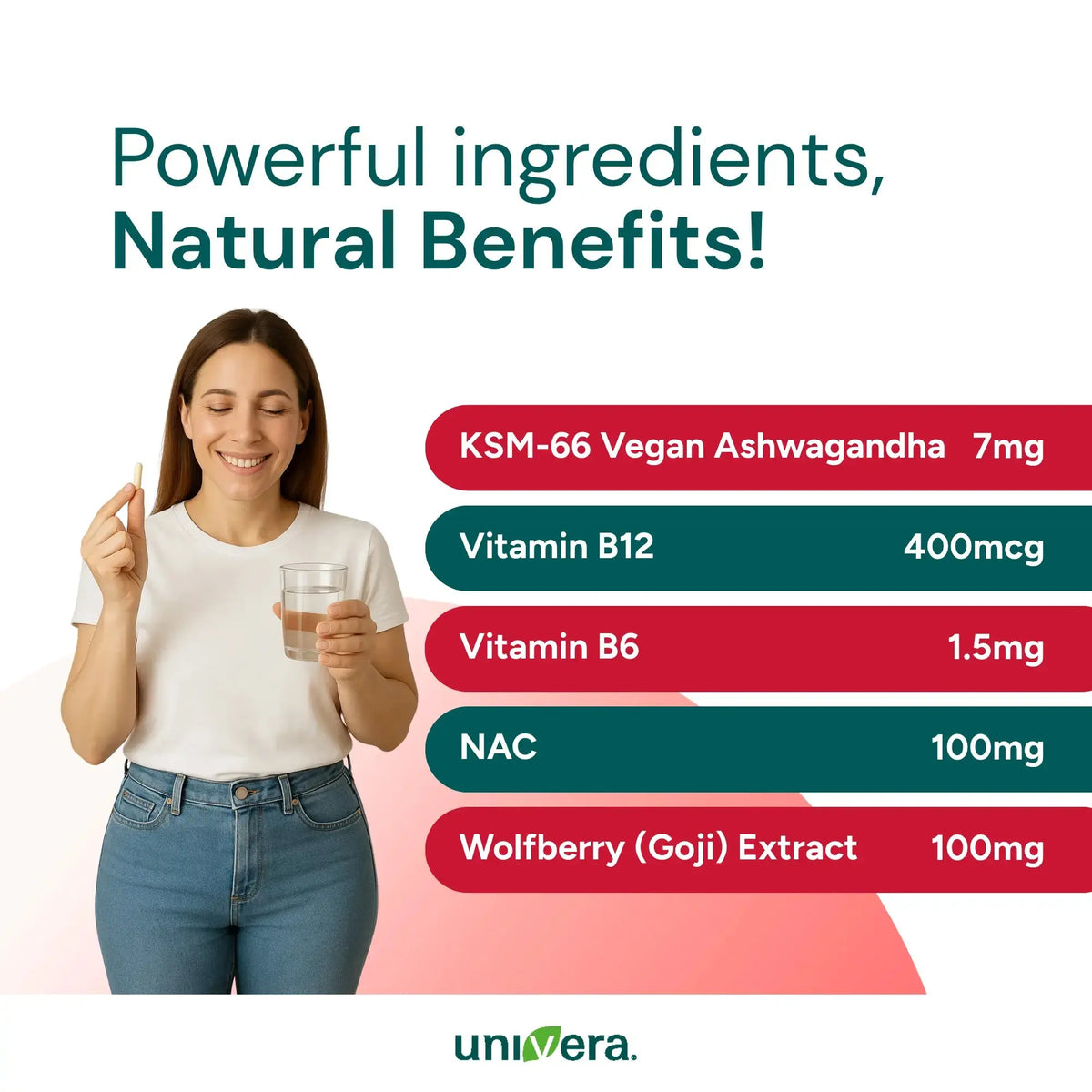 Woman holding a glass of water with health benefits listed on a white background