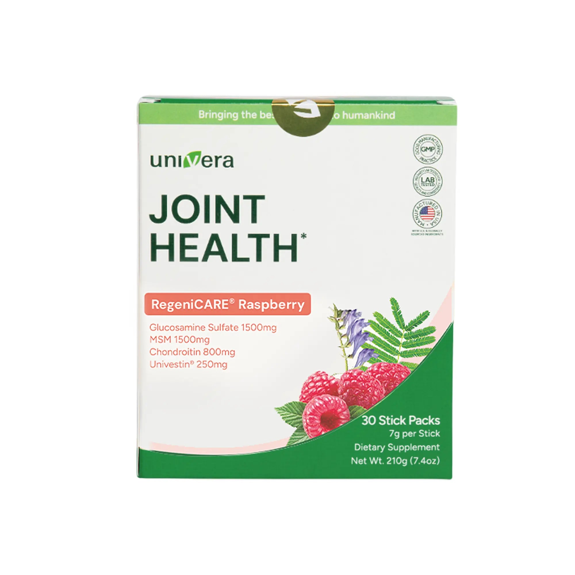 Box of univera Joint Health RegenICARE Raspberry dietary supplement on a white background