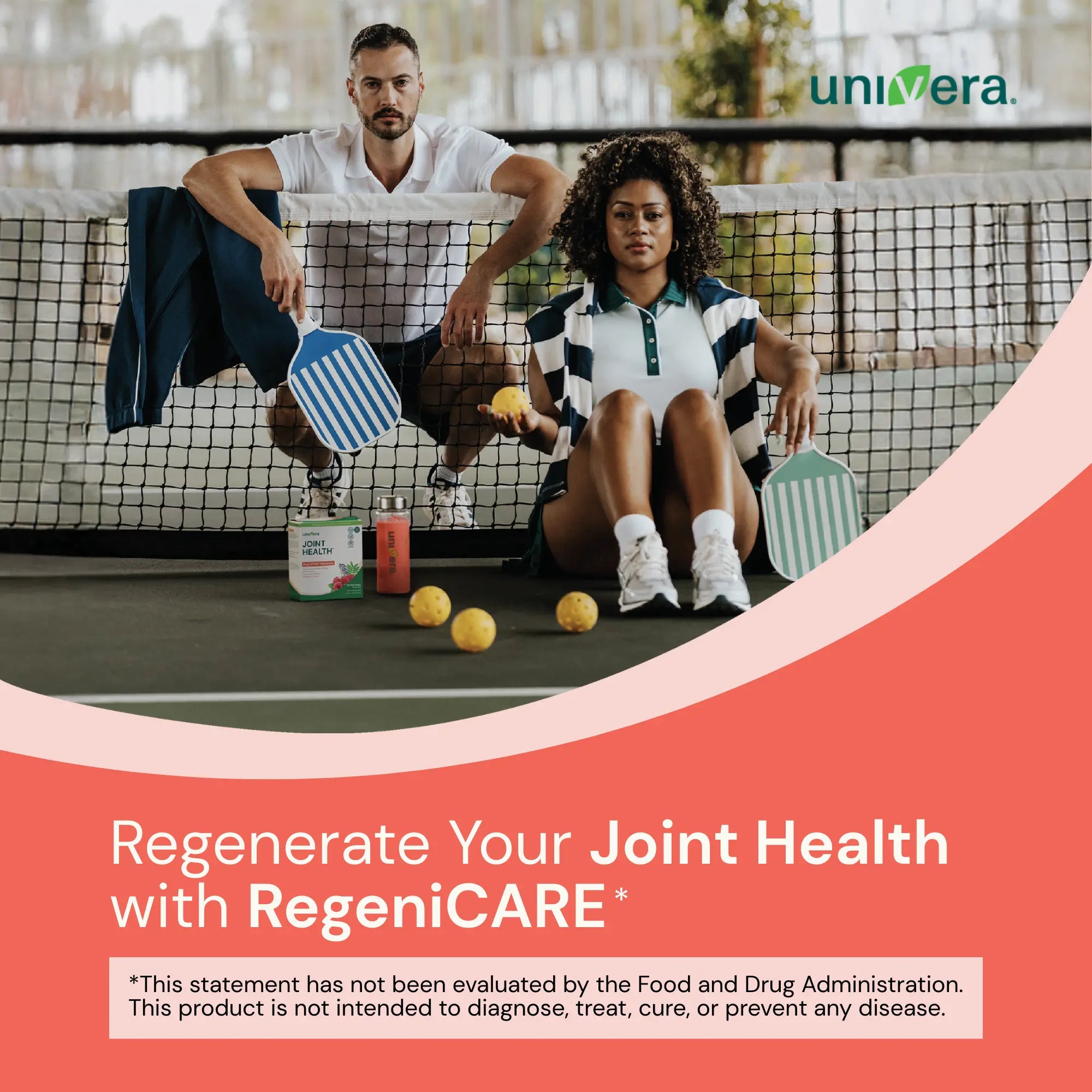 Two people sitting on a tennis court with pickleball equipment, promoting RegeniCARE for joint health.