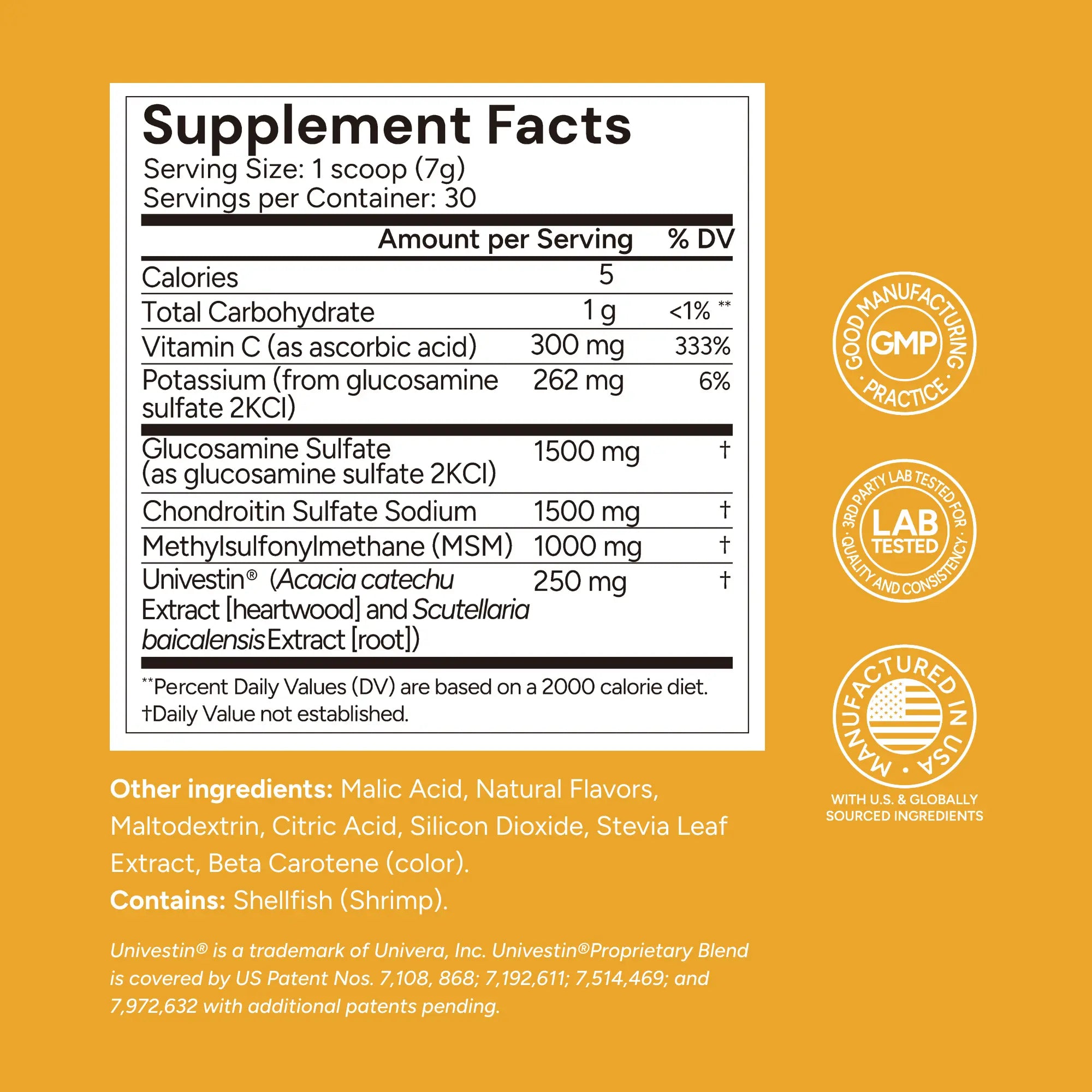 Supplement facts label on a yellow background with certification logos.