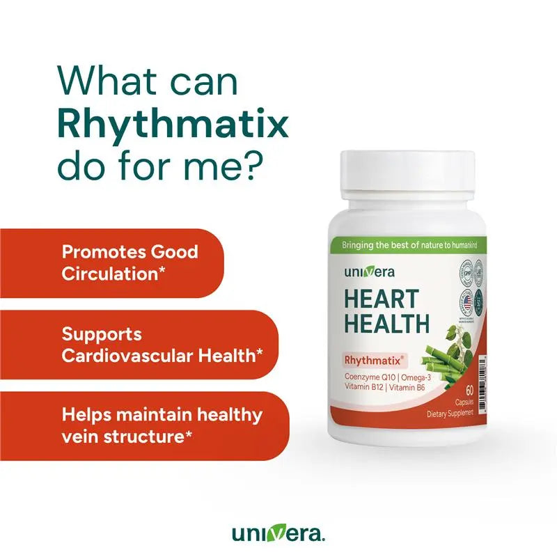 Univera Rhythmatix dietary supplement bottle with benefits listed on a white background