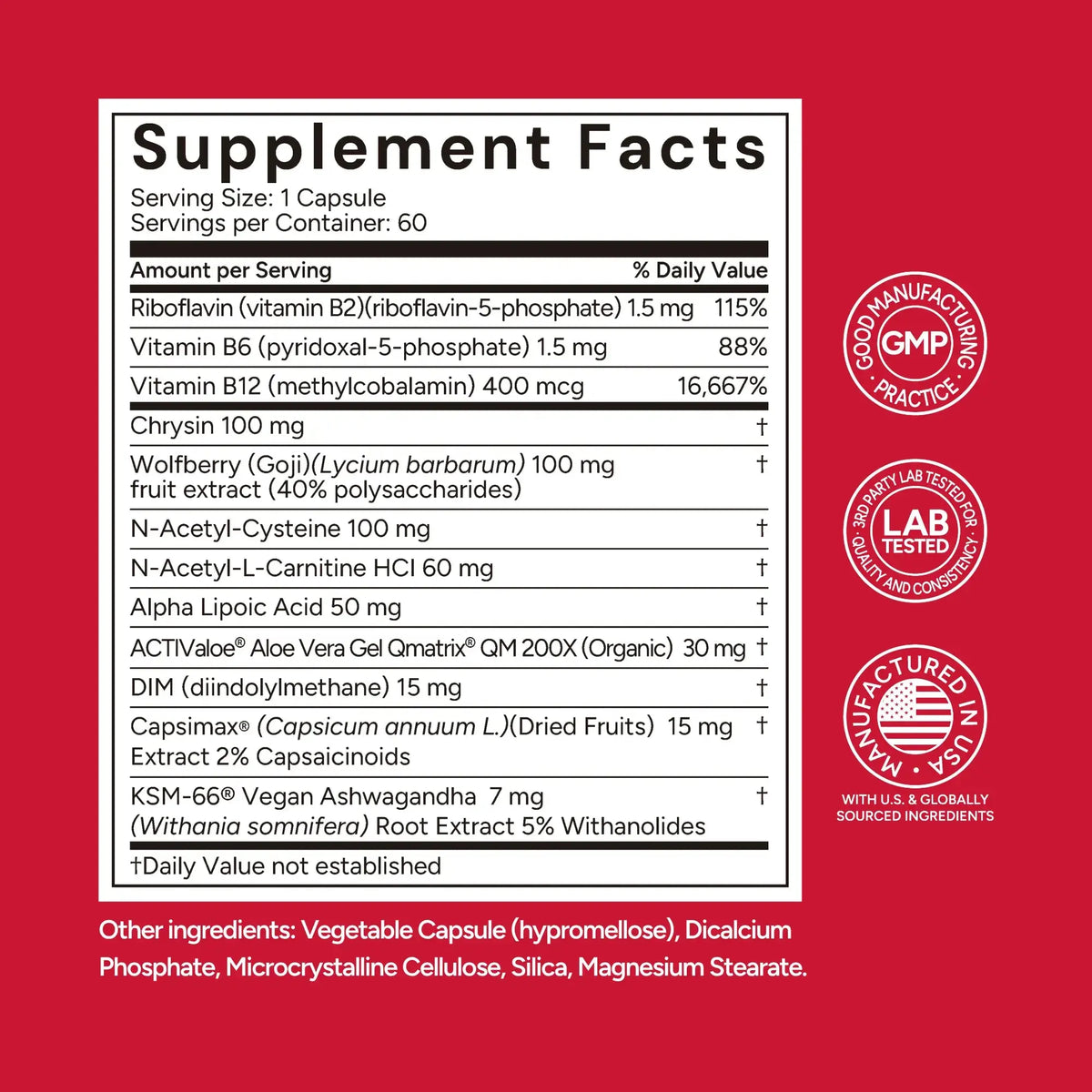 Supplement facts label with various vitamins and minerals on a red background