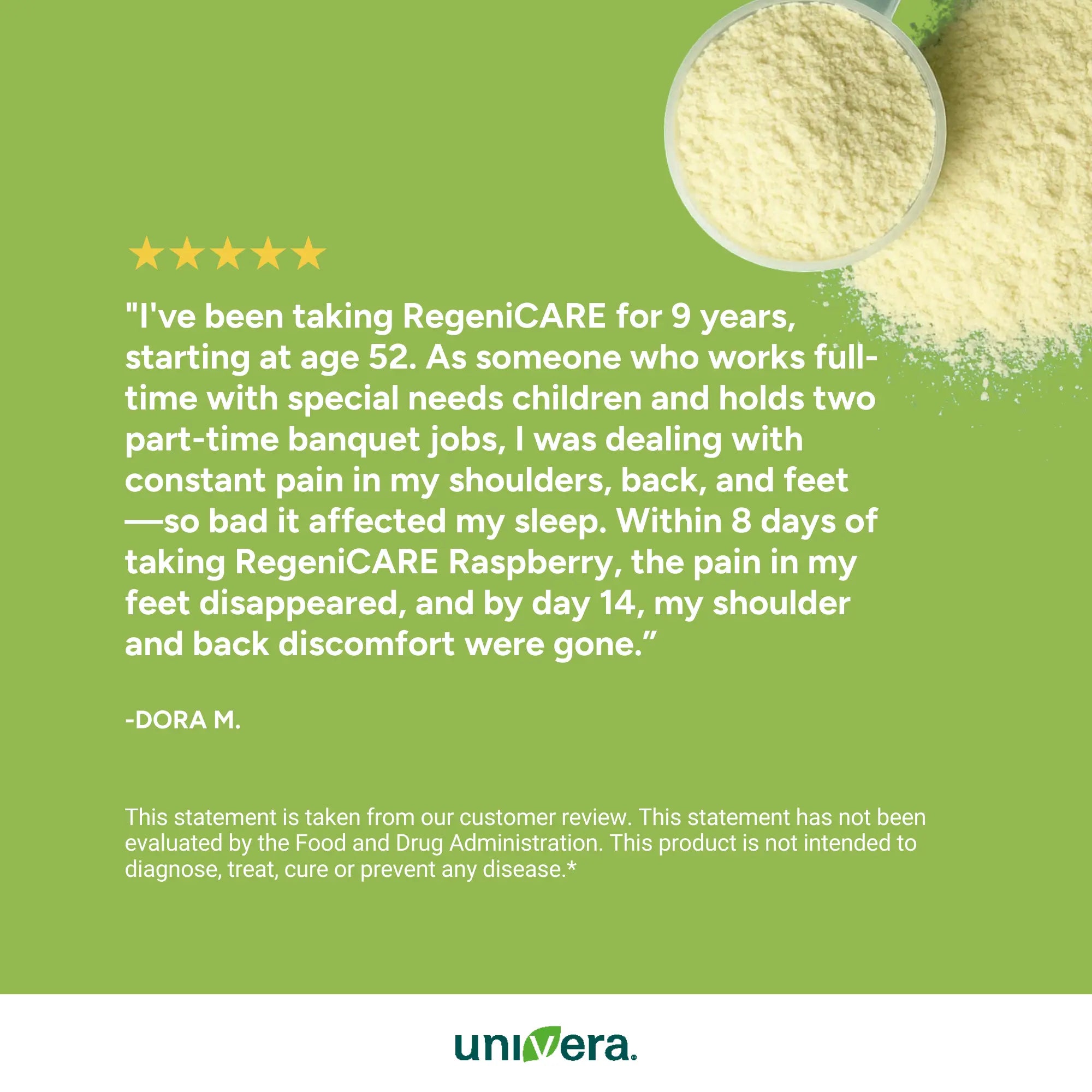 Product advertisement with customer testimonial on a green background, featuring RegeniCARE.