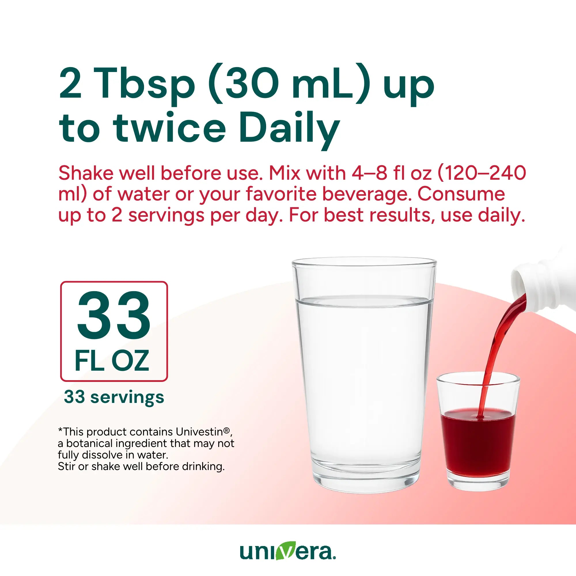 Product label with dosing information and images of a glass of water and a small glass with red liquid.