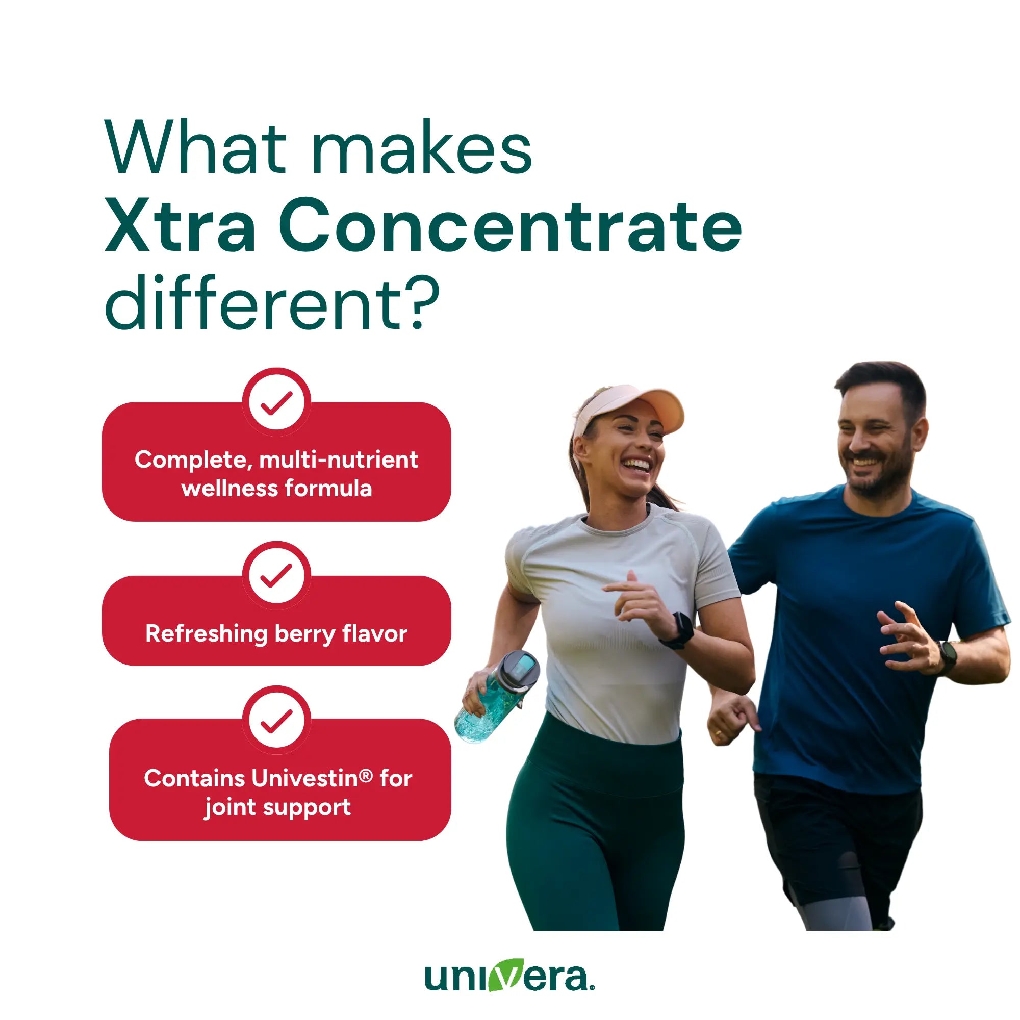 Two people running with a promotional graphic for Xtra Concentrate, highlighting its features.