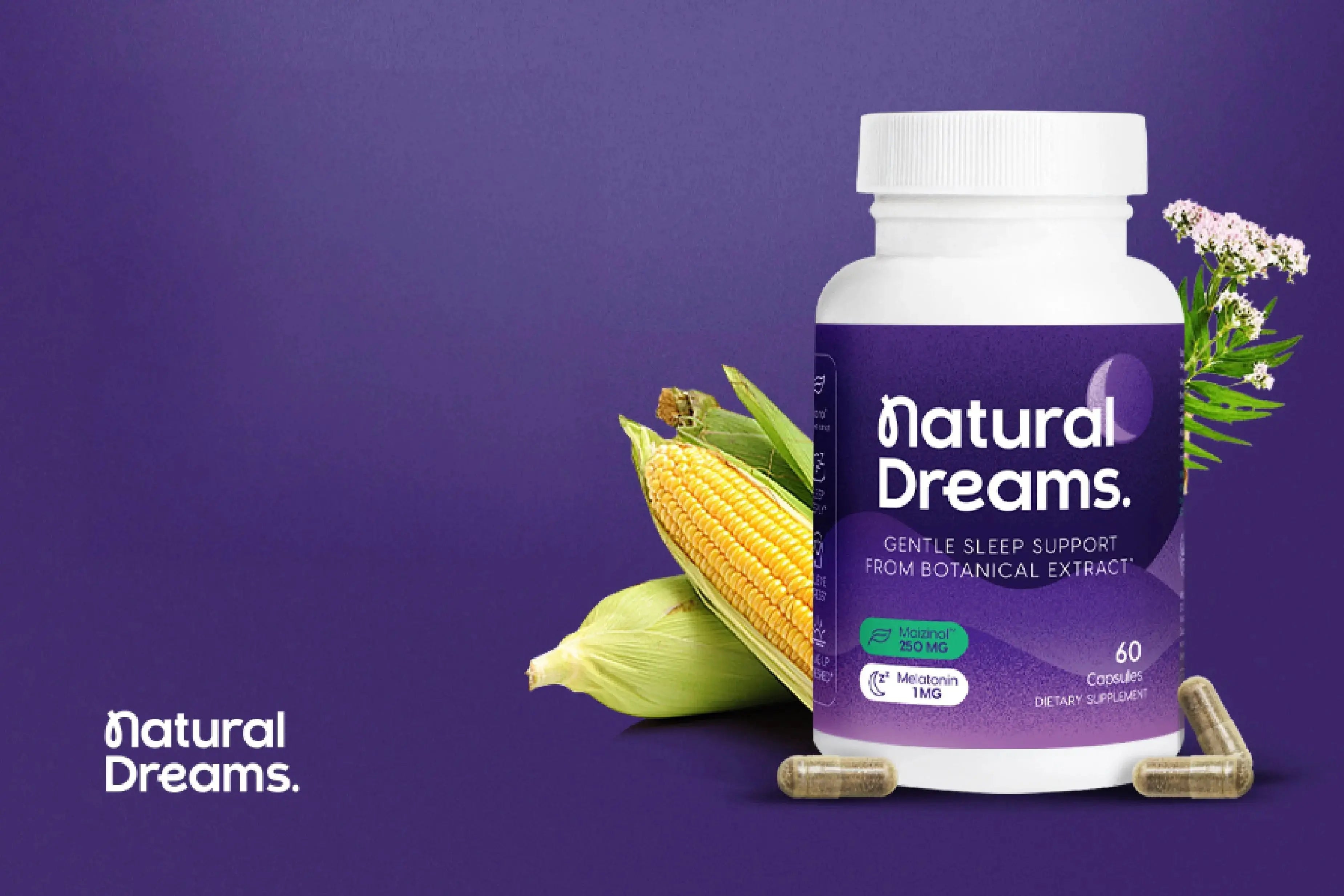 Natural Dreams® supplement packaging on a purple background.