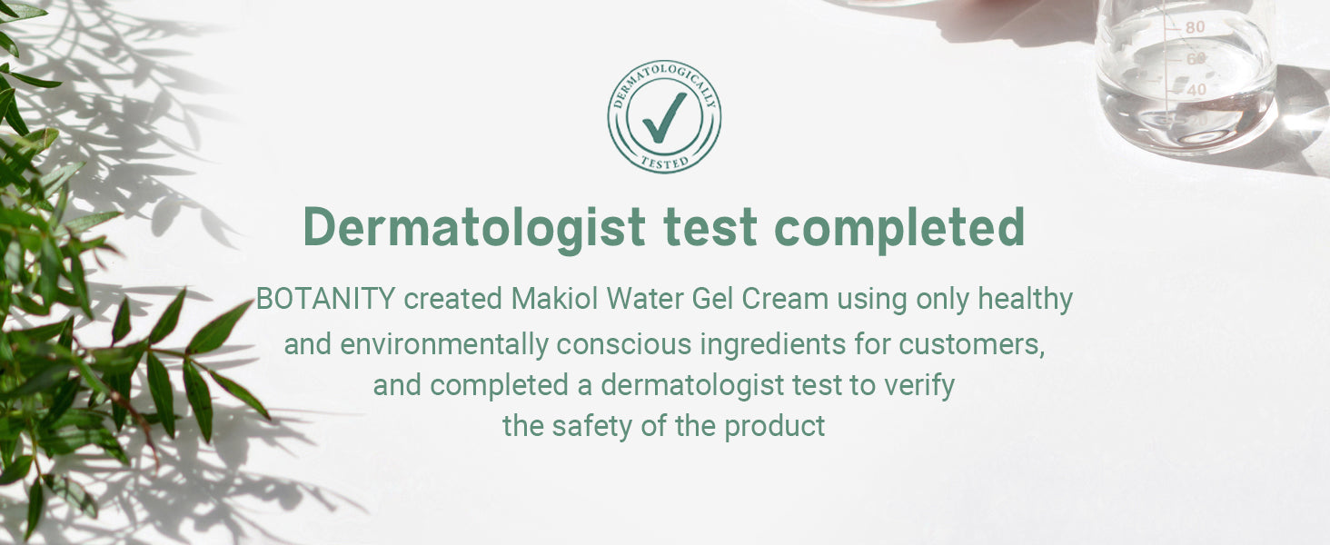 Advertisement for Botanity's Makoi Water Gel Cream with a dermatologist test completed label, featuring greenery and a glass of water.