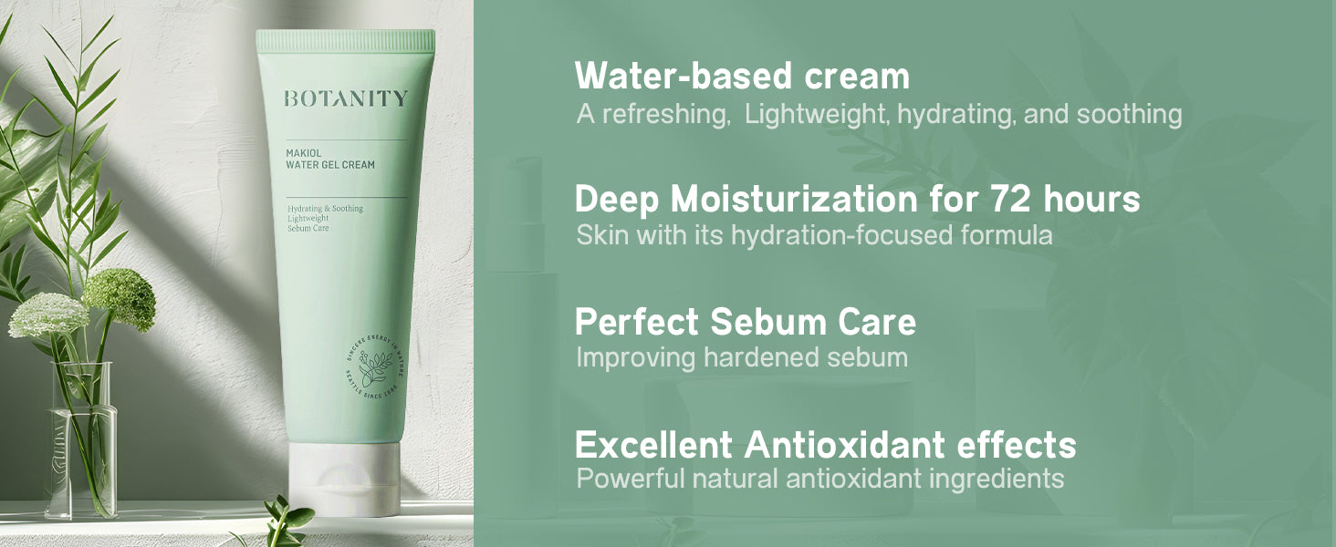 Botanity Makiol water gel cream with product and benefits text on a green background