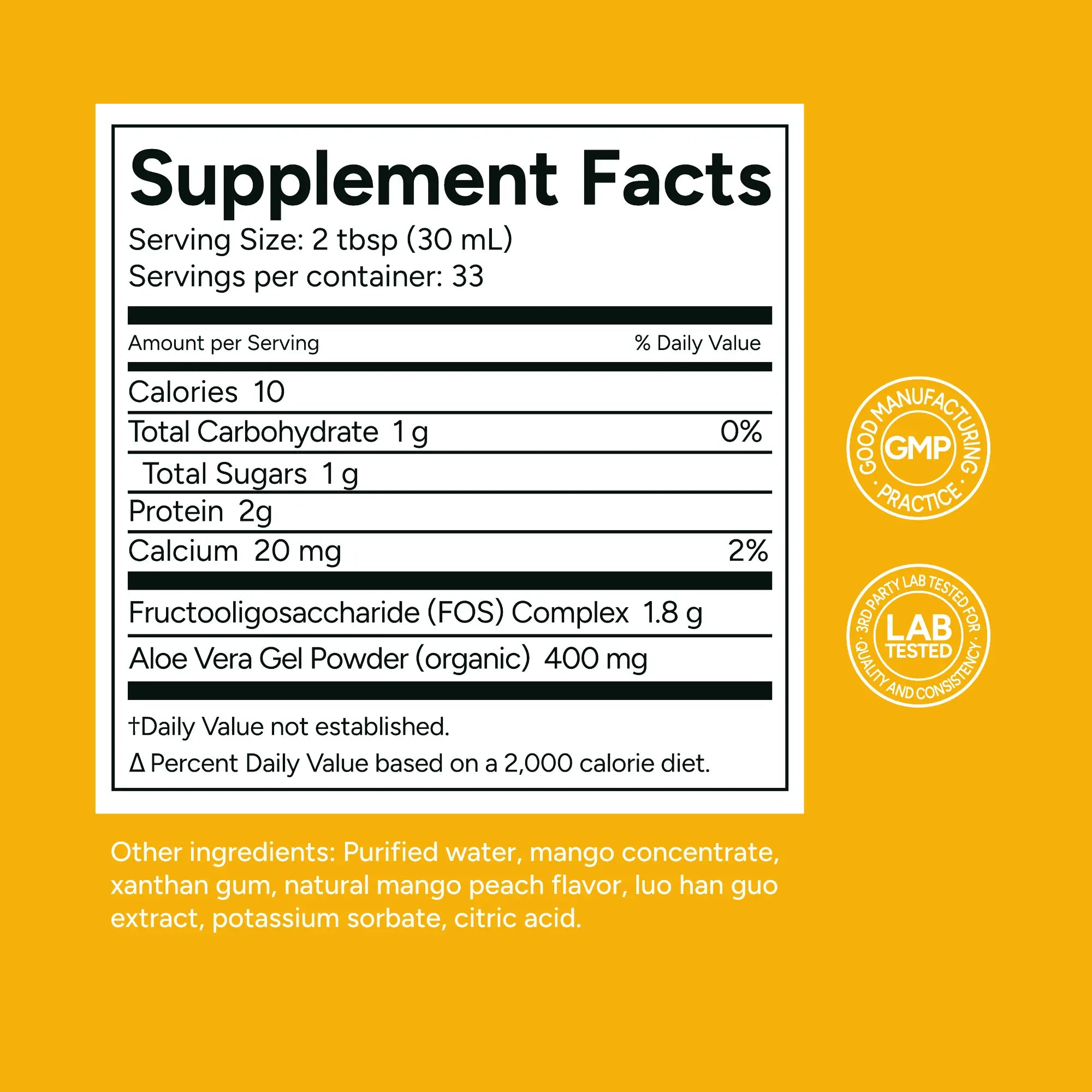 Supplement facts label on a yellow background with certification logos.
