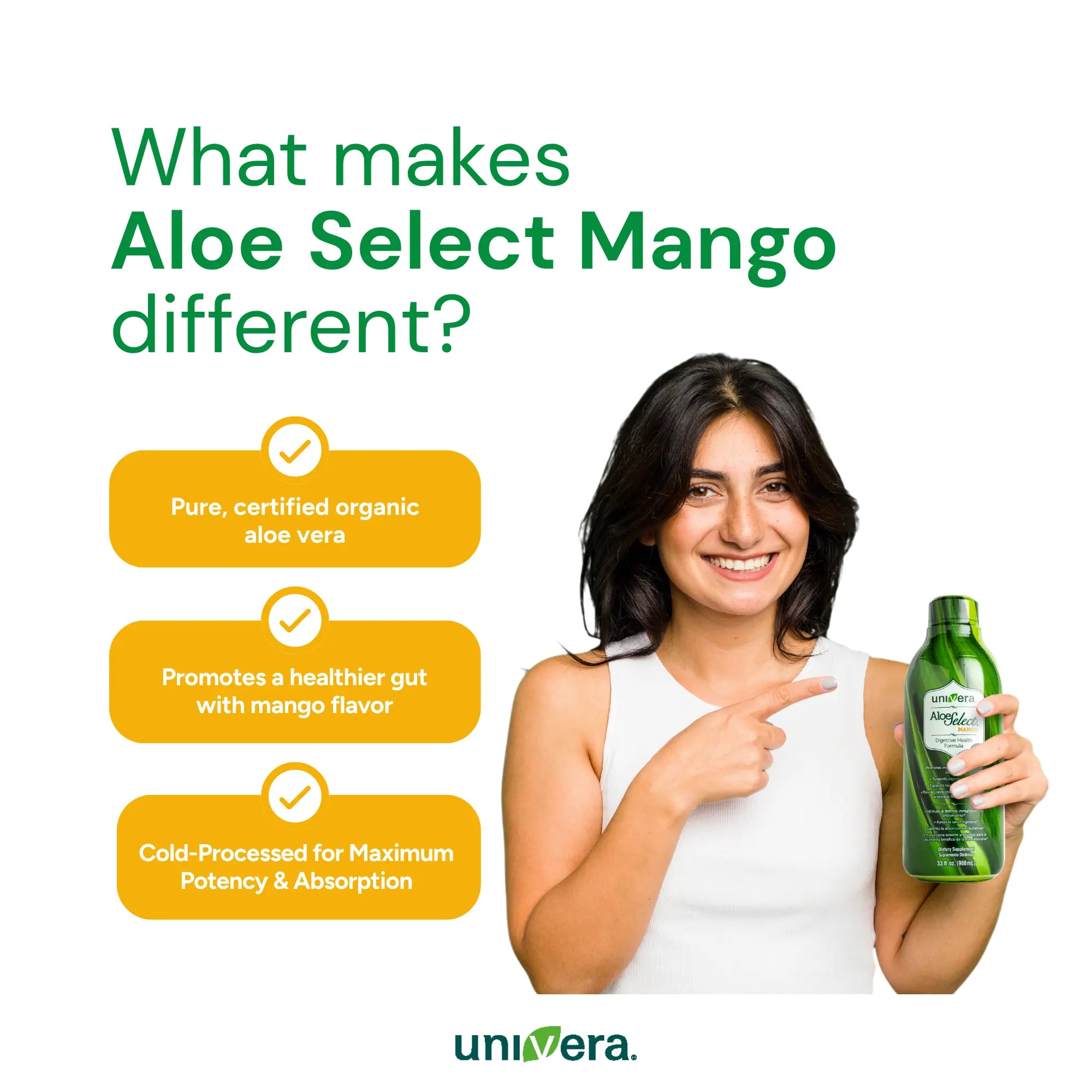 Woman holding a green bottle with text about Aloe Select Mango and Universa branding.