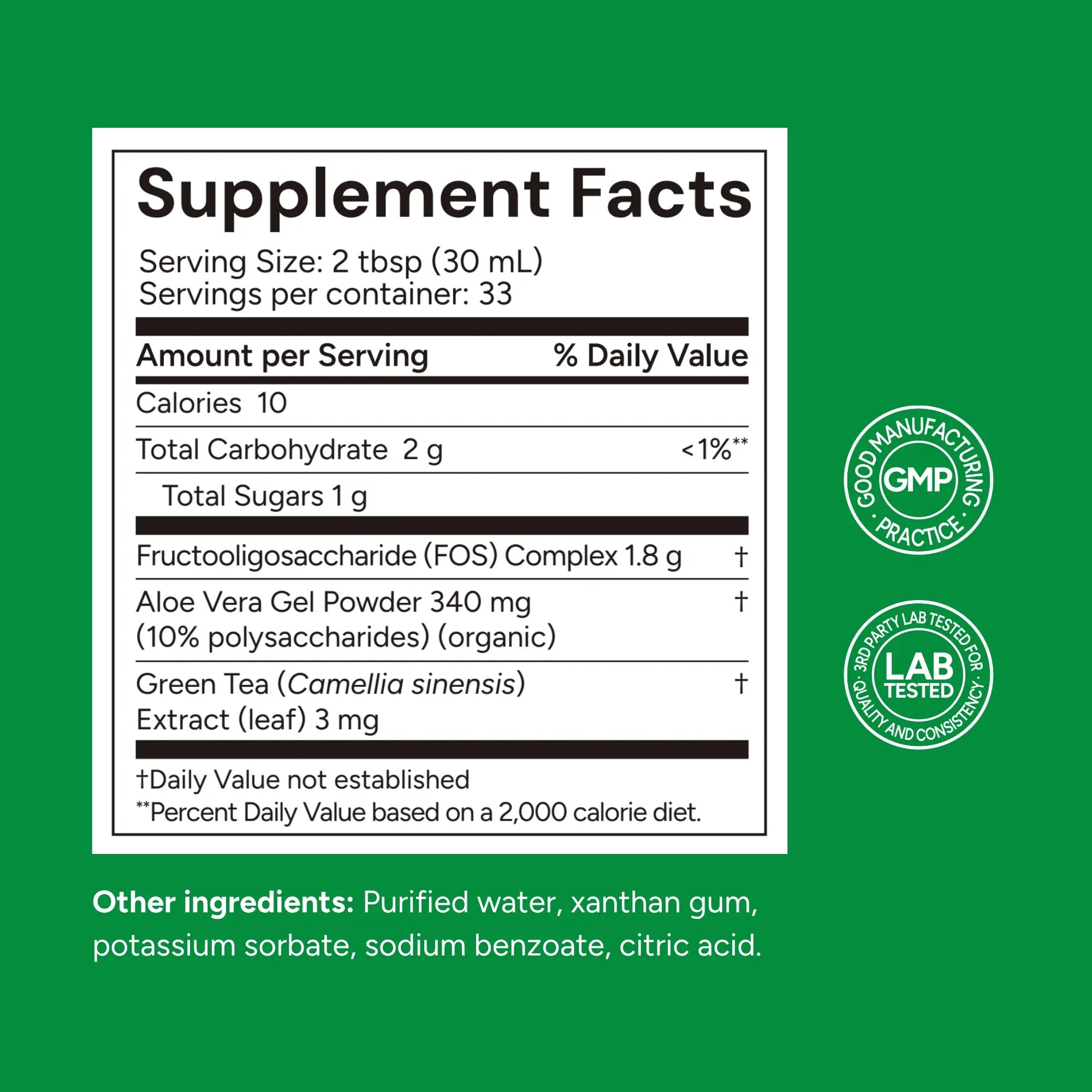 Supplement facts label on a green background with GMP and lab tested logos.