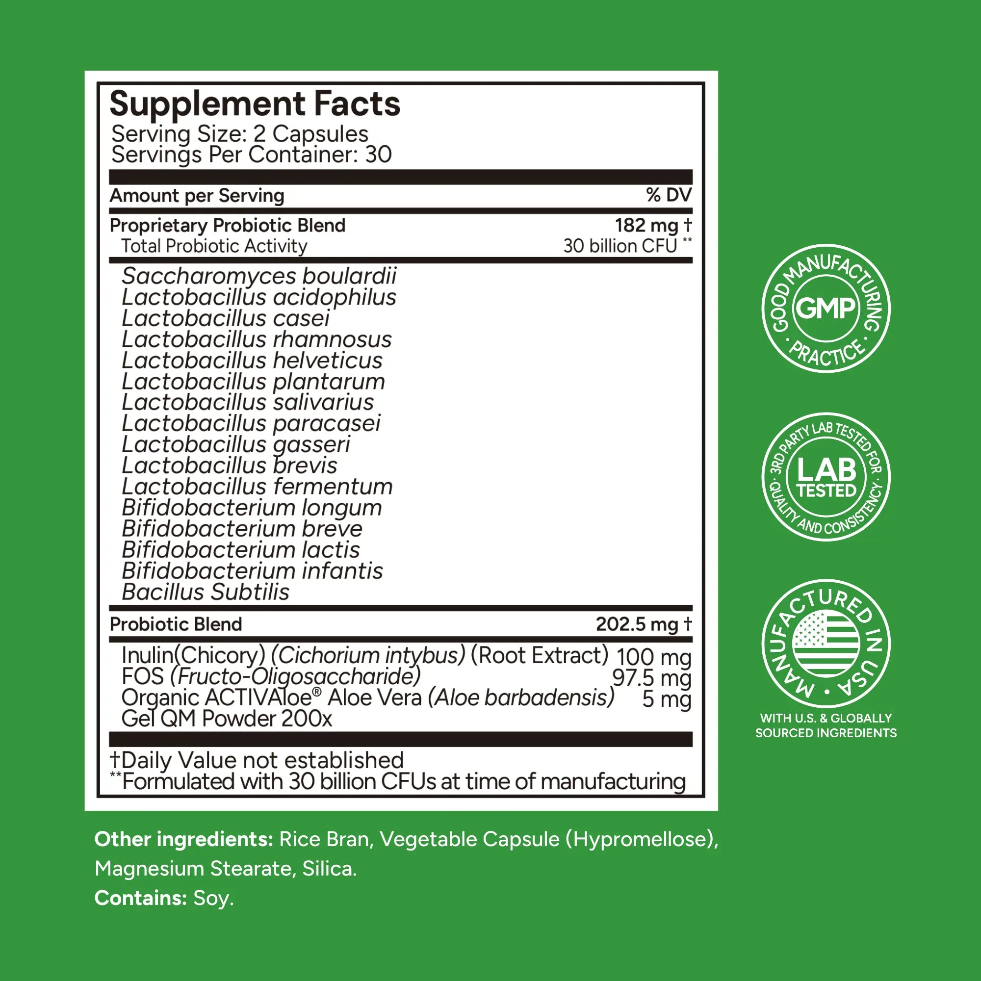 Supplement label with probiotic blend details on a green background