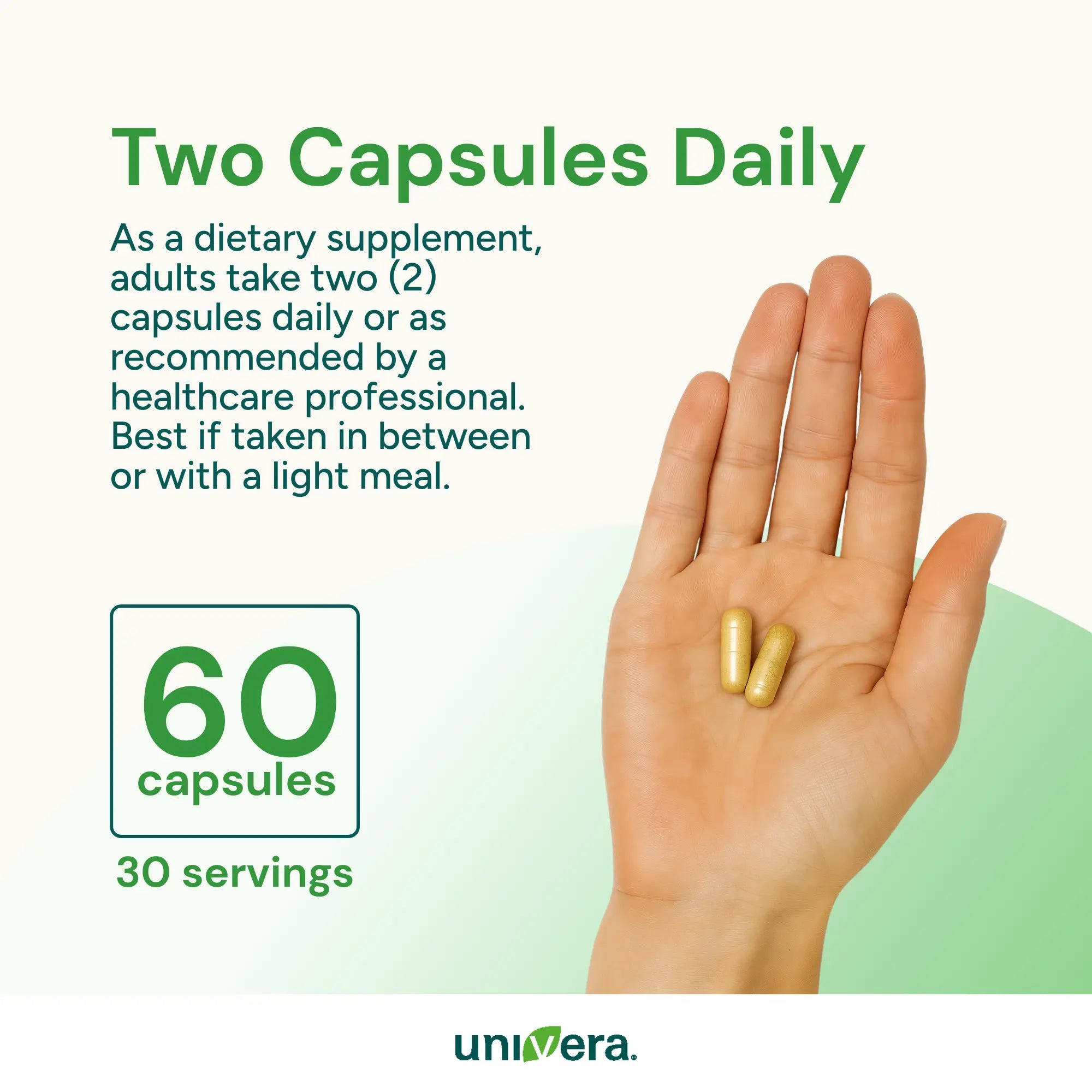 Two capsules on a hand with supplement information and Universa branding.