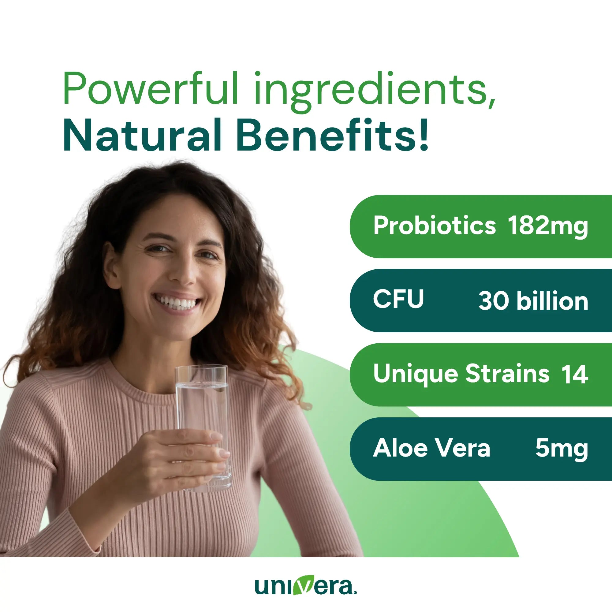 Woman holding a glass of water with health benefits text on a white background