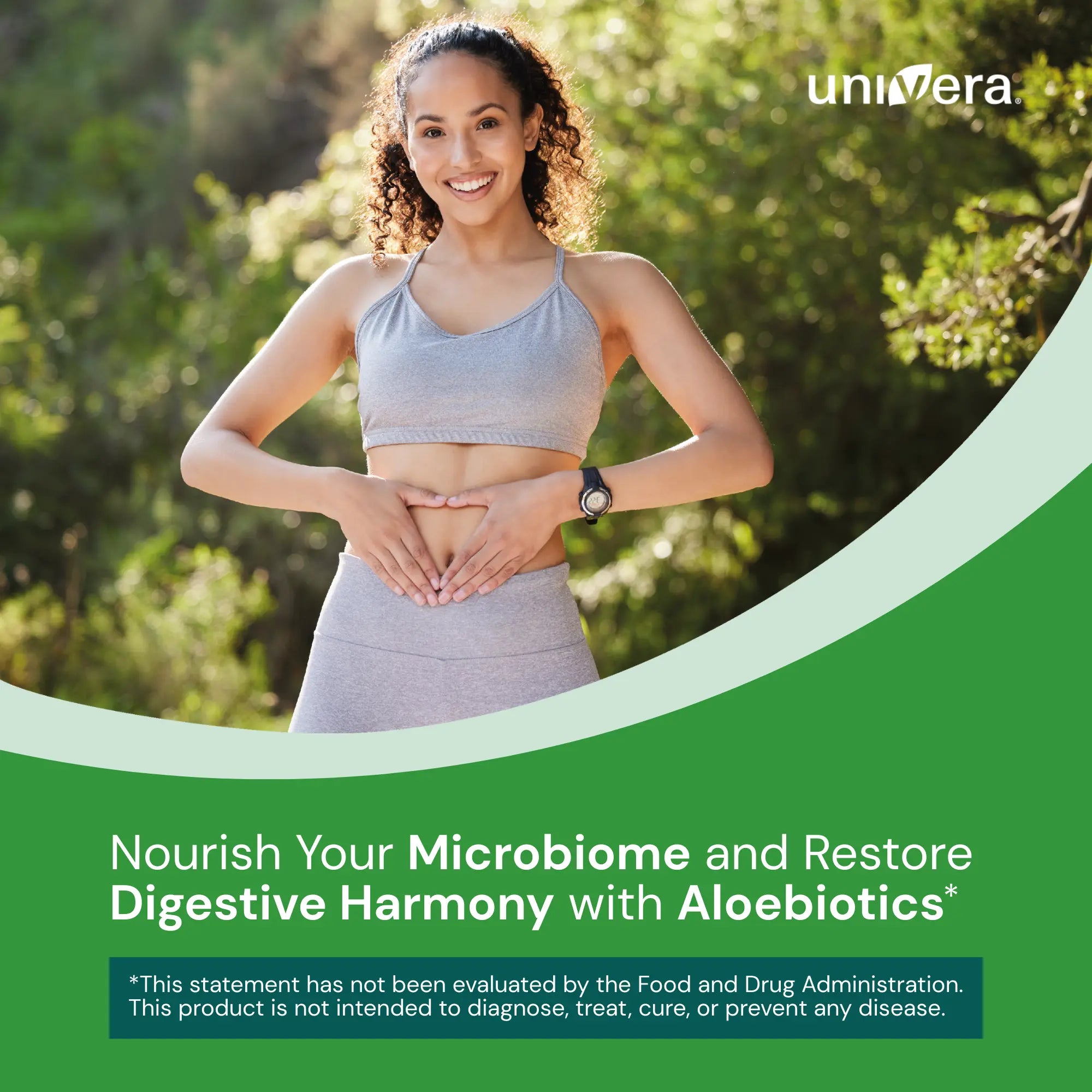 Woman in athletic wear standing outdoors with a green banner promoting aloe-based health product.