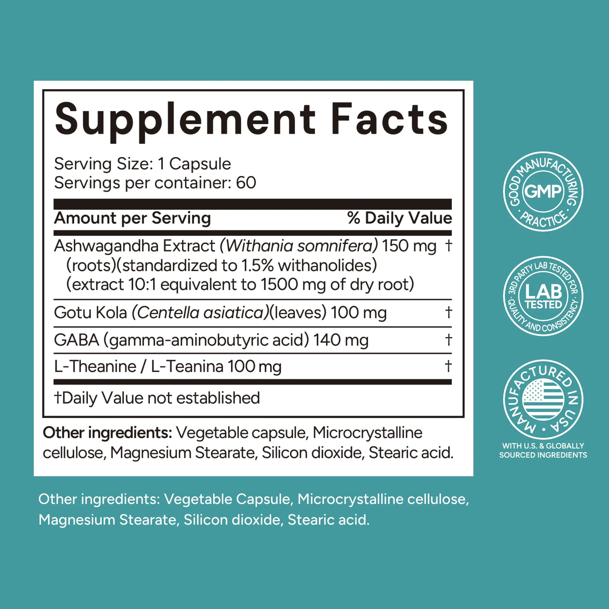 Supplement facts label with certification logos on a teal background