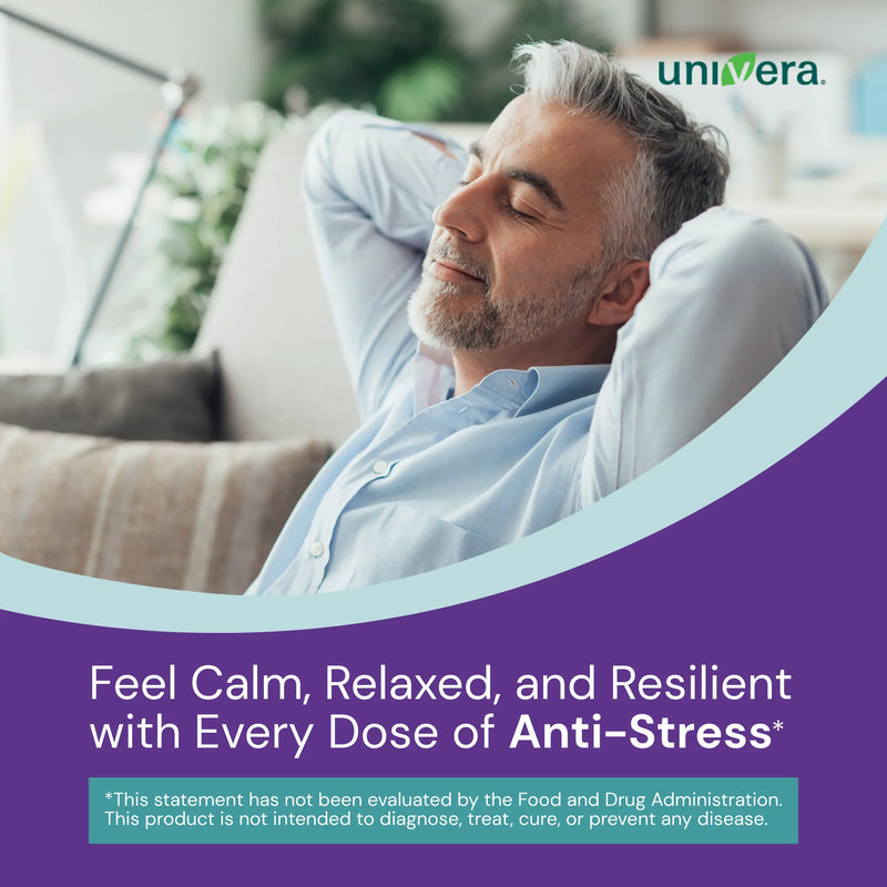 Man relaxing on a couch with 'univera' anti-stress branding and promotional text.