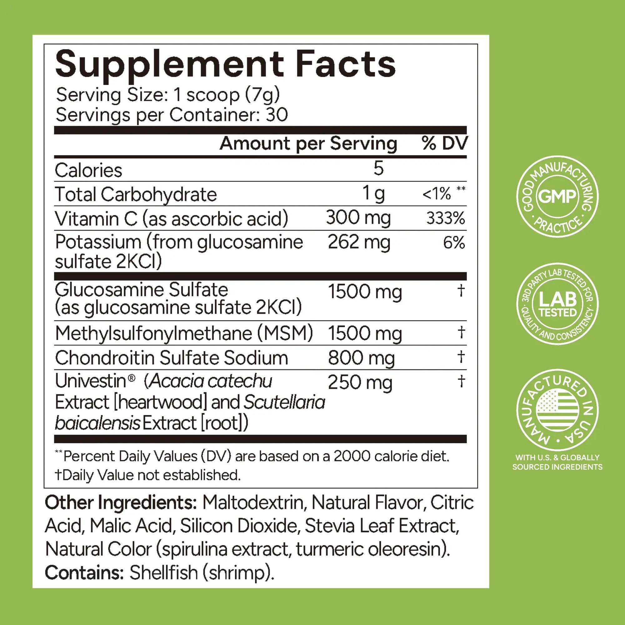 Supplement facts label with nutritional information on a green background
