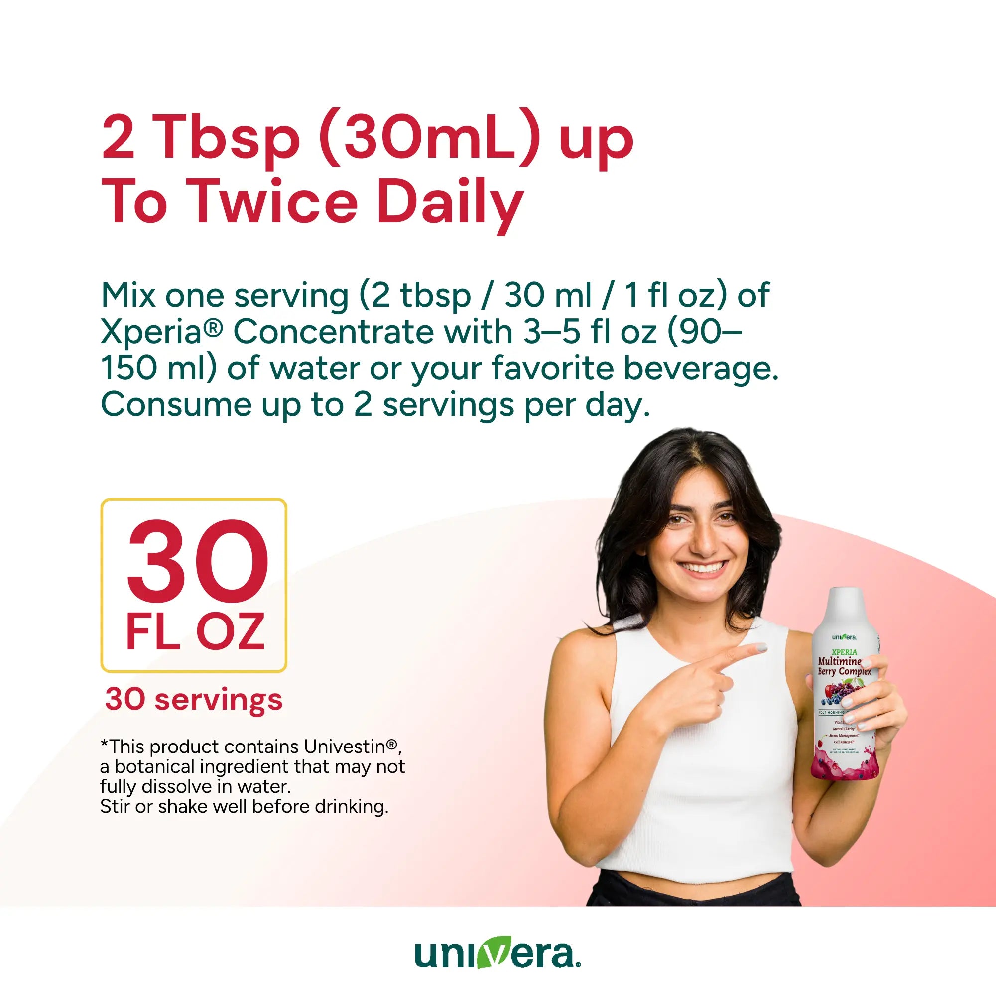 Directions for a supplement product with a woman holding the bottle and text about usage and packaging.