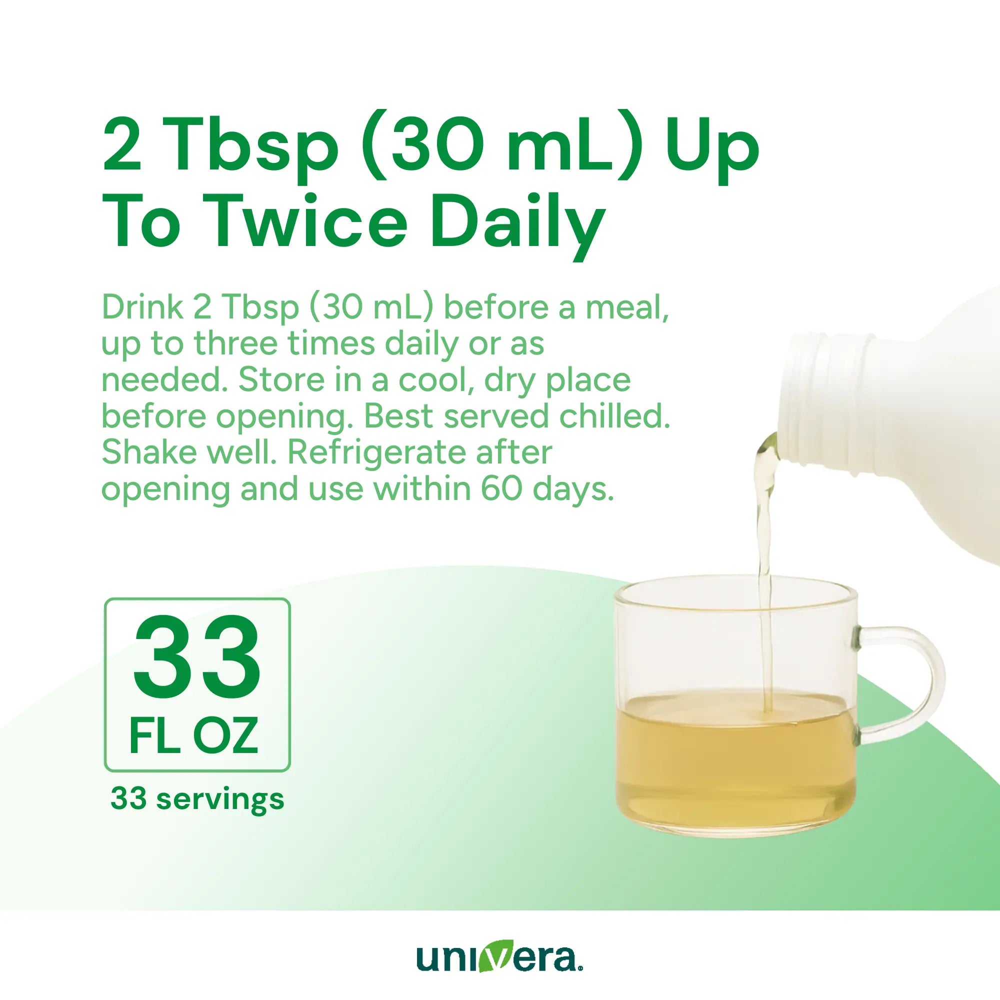 Tea being poured into a glass mug with product information and Universa branding.