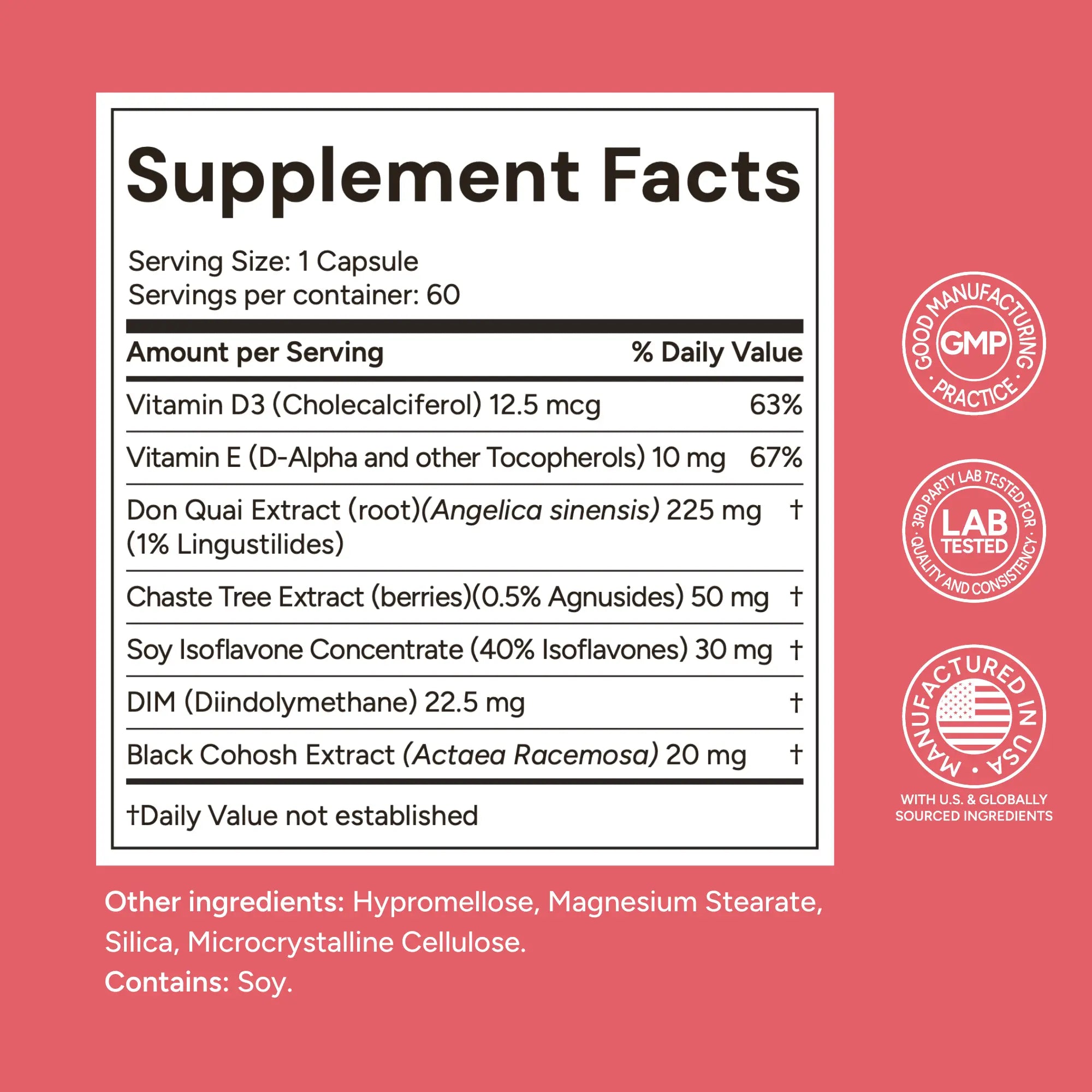 Supplement facts label for femme vitale on a red background