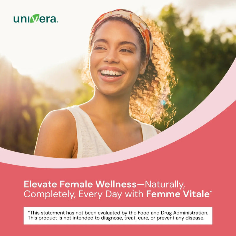 Woman with a headscarf smiling outdoors with Univera branding and wellness message.