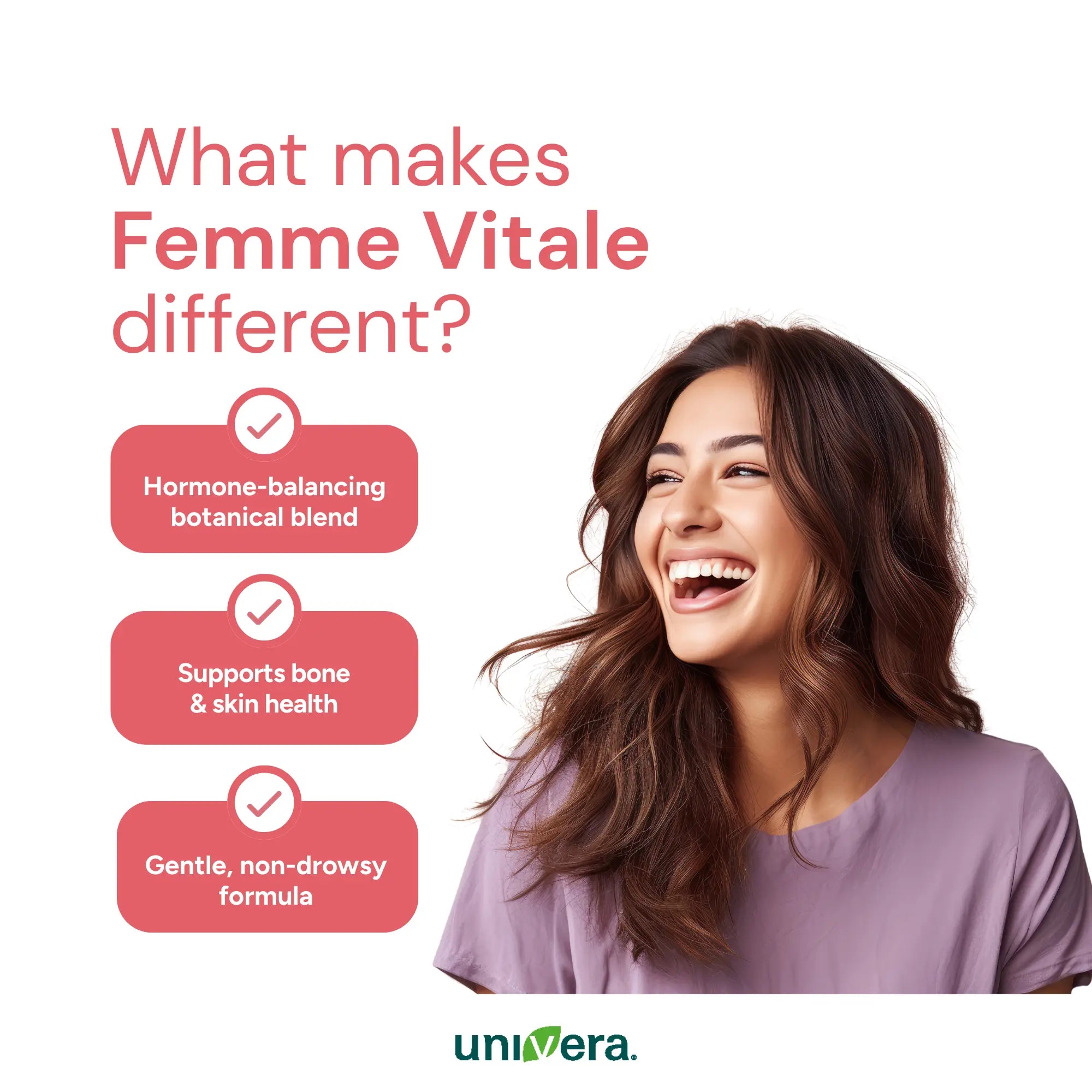 Unique points for Femme Vitale with a woman smiling and text highlighting features on a white background.