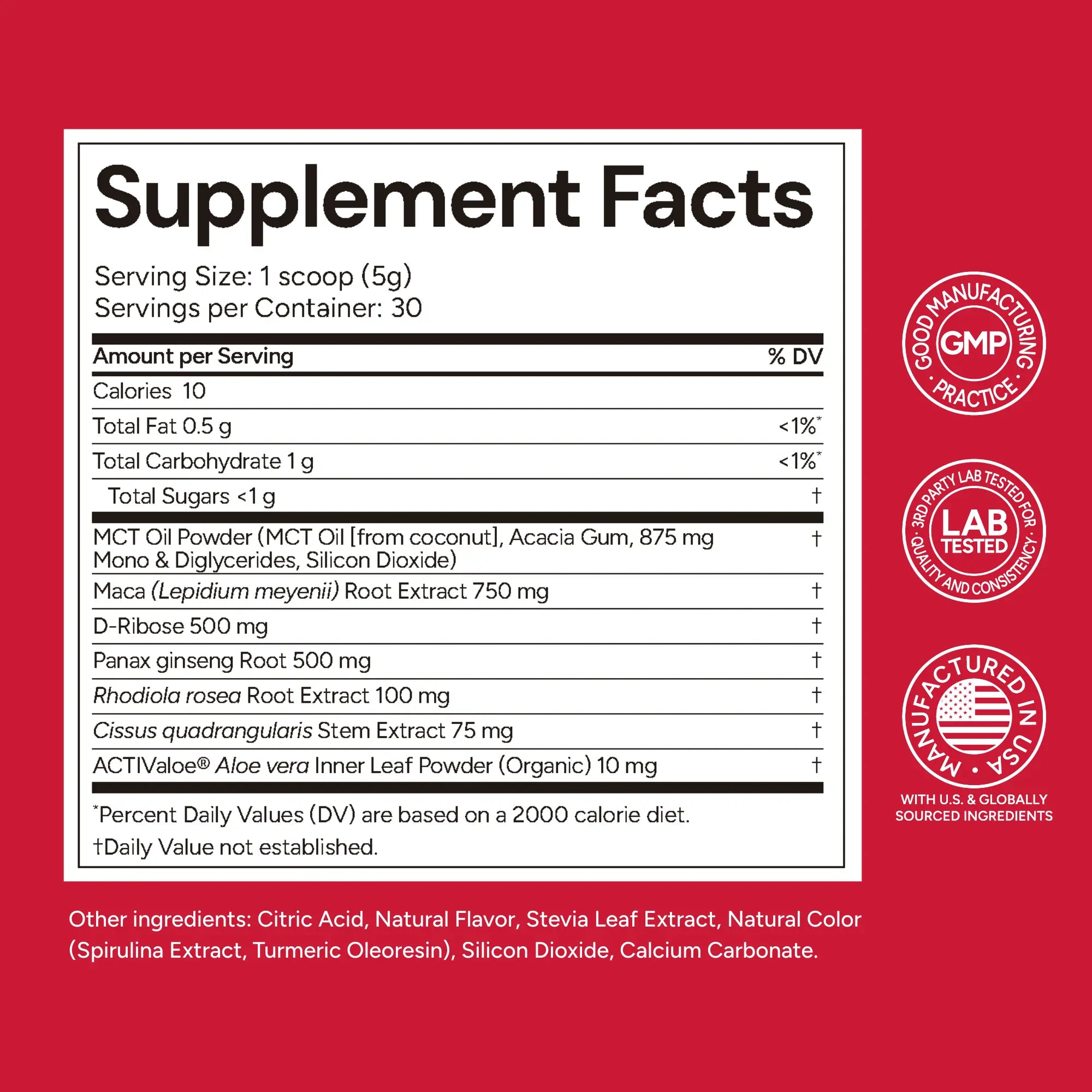 Supplement facts label with various ingredients on a red background for GoVera