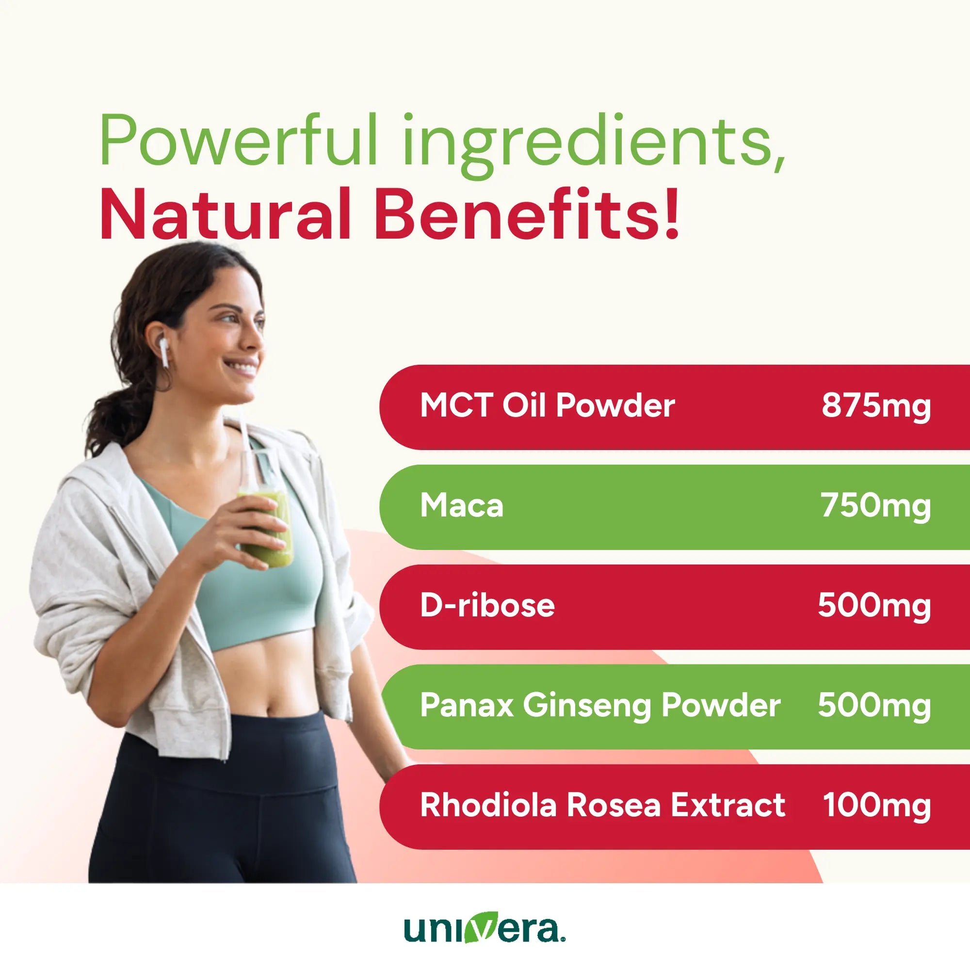 Woman holding a glass of GoVera with a list of ingredients and their amounts on a white background.