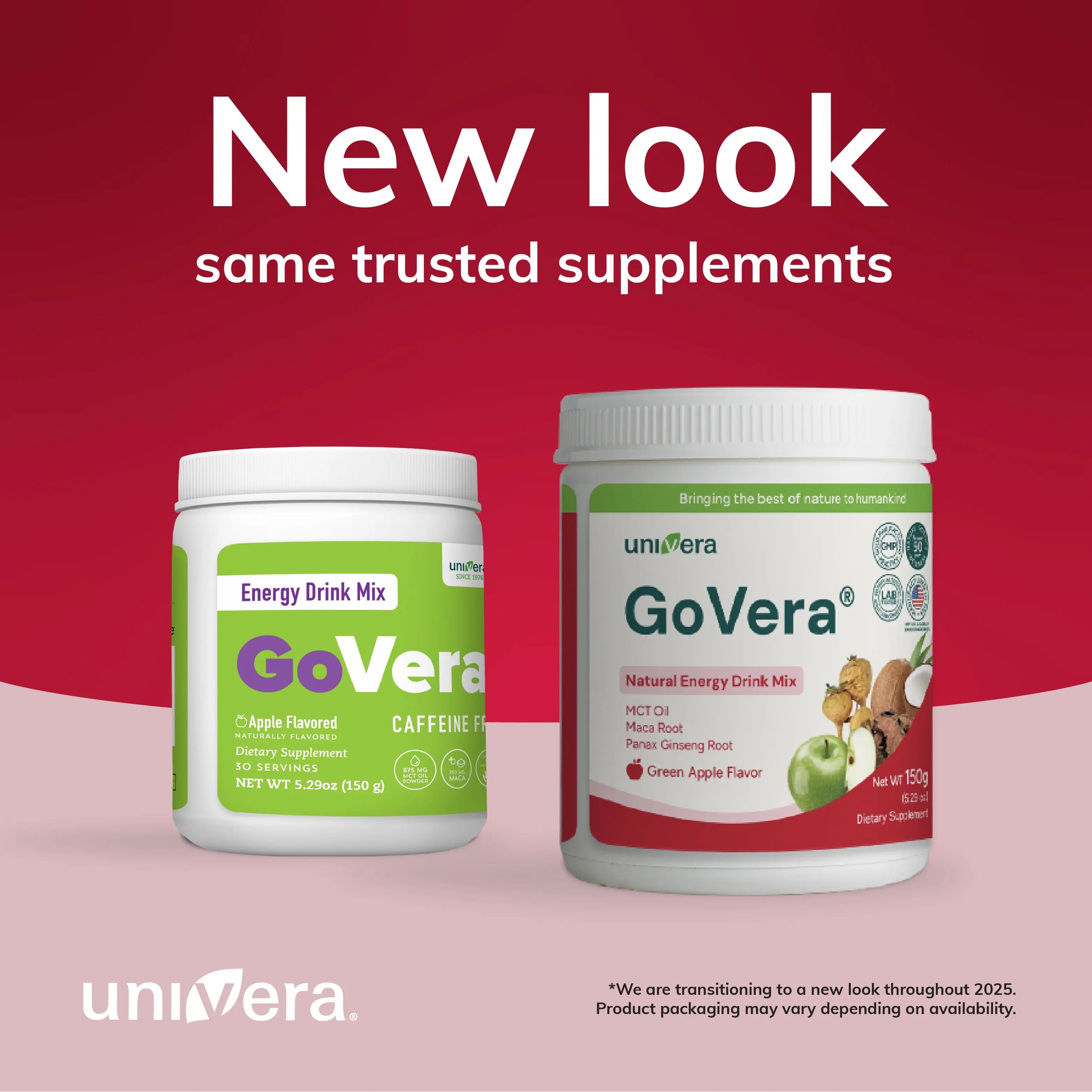 Two containers of GoVera energy drink mix on a red and pink gradient background with text about a new look.