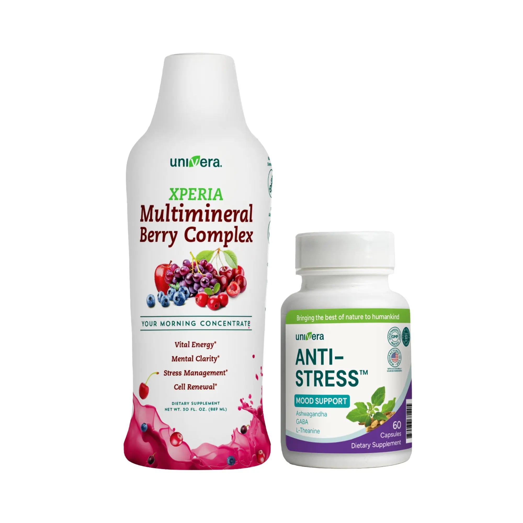Two Univera dietary supplement bottles on a white background named Xperia and anti-stress