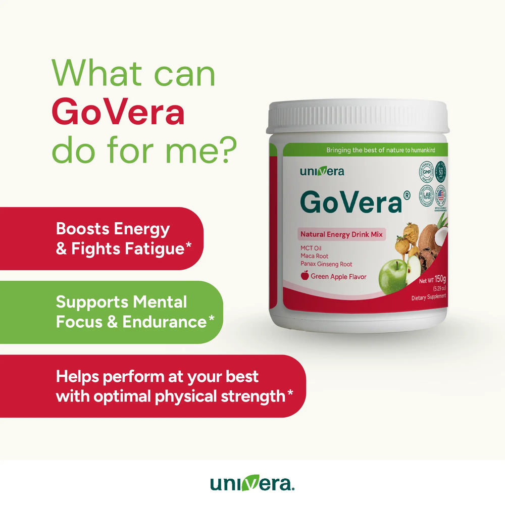 GoVera natural energy drink mix container with promotional text on a white background