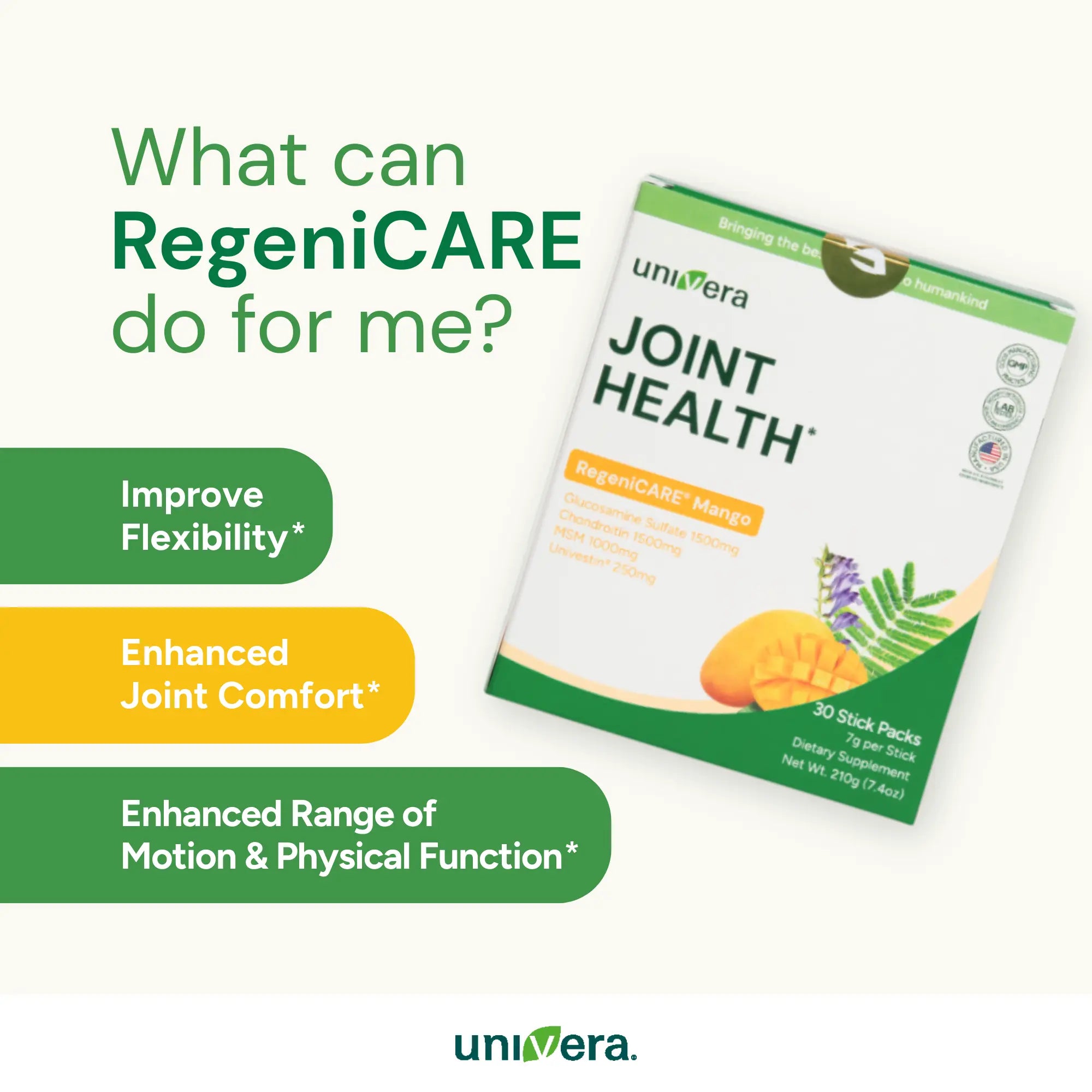 Univera Joint Health supplement package with promotional text on a white background