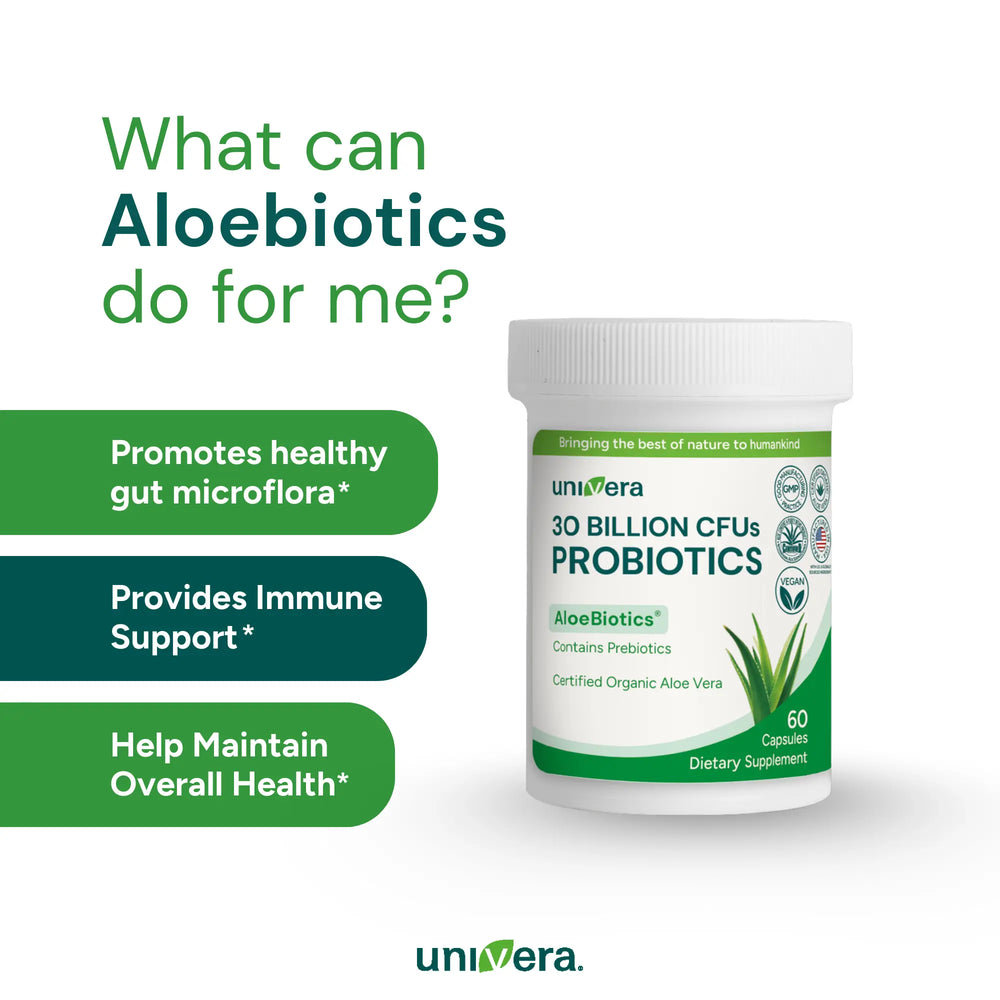 Univera AloeBiotics probiotic supplement bottle with promotional text on a white background