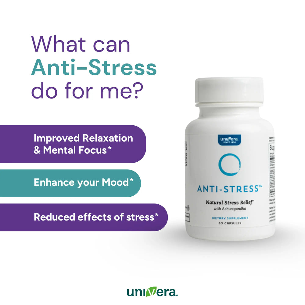 Univera Anti-Stress supplement bottle with benefits text on a white background