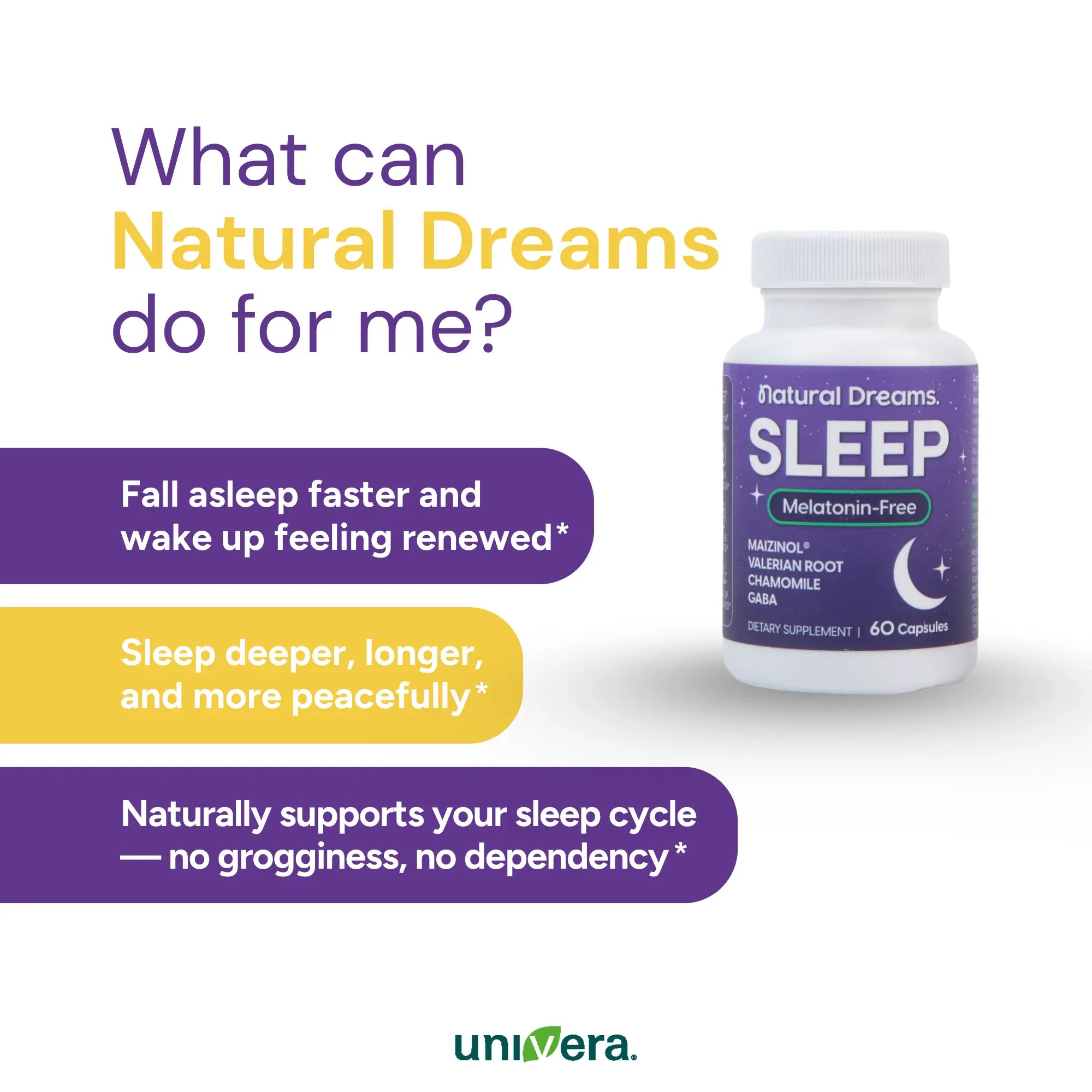 benefits for Natural Dreams sleep supplement with a bottle on a white background